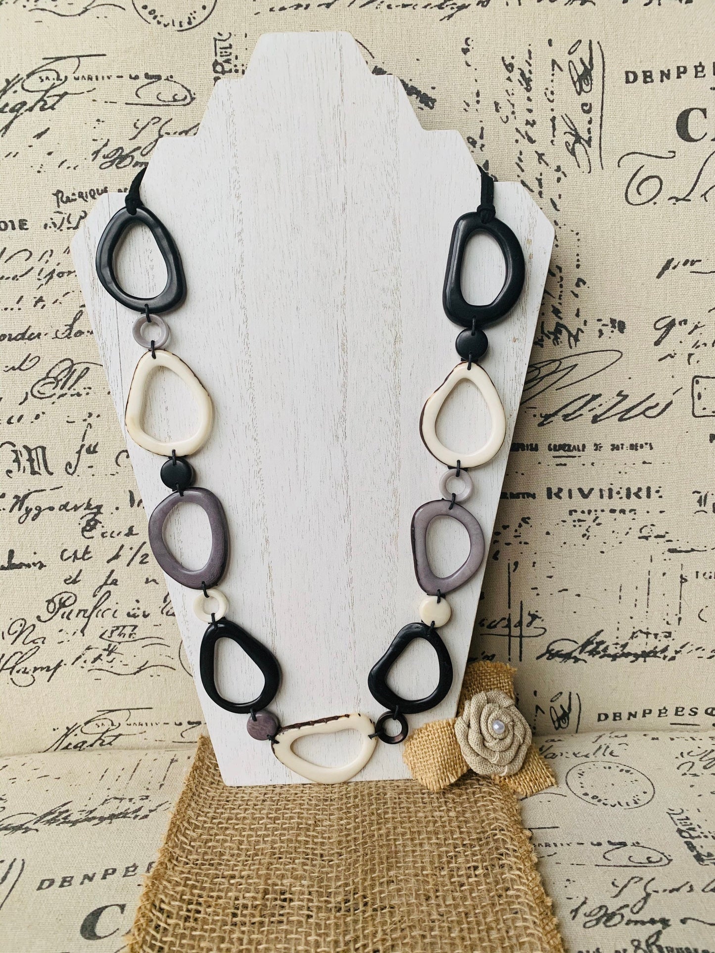Black white and gray Tagua necklace Anniversary gift for wife Statement geometric jewelry Donut beads Modern adjustable collar Lightweight