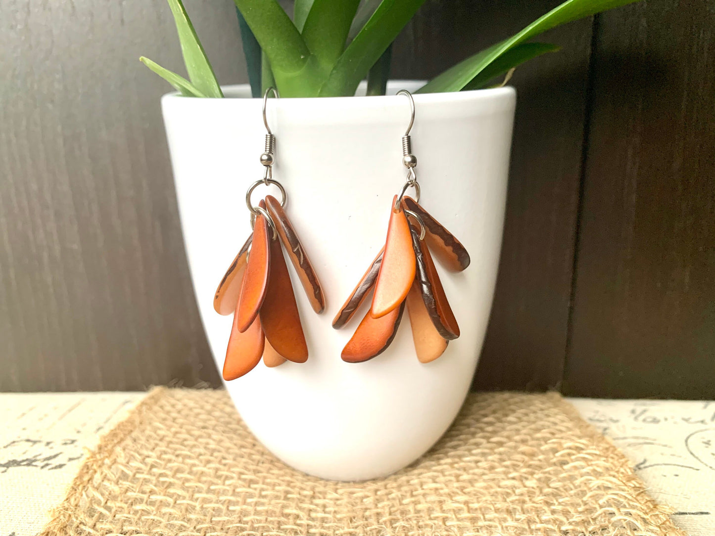 Brown statement dangle earrings Extra chunky tagua earrings Fall fashion jewelry Casual trendy drops Boho mod style Beach stylish trends