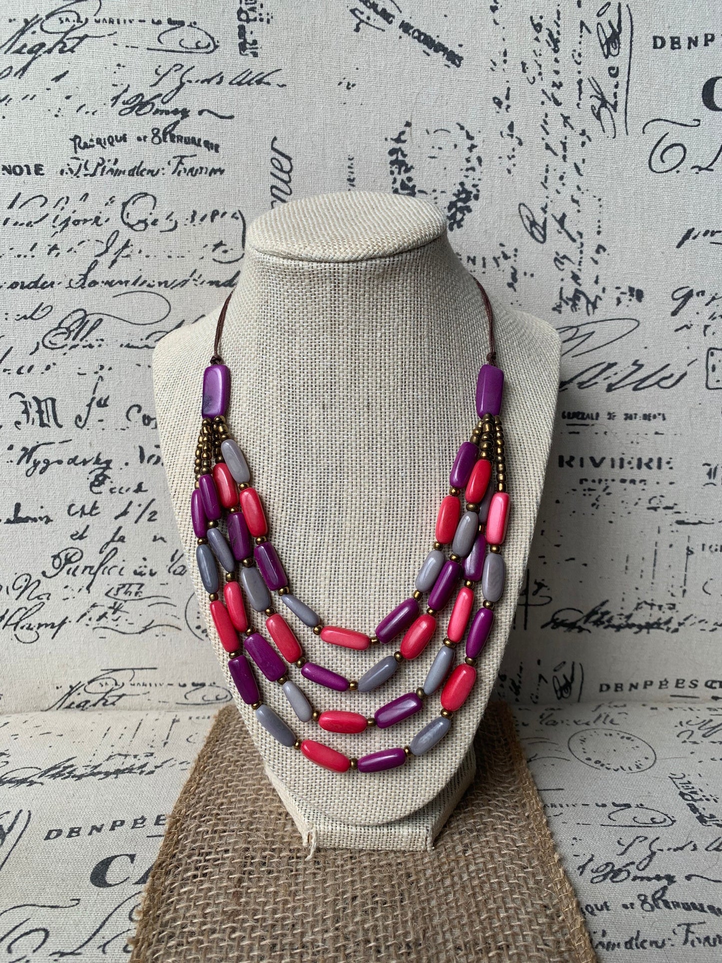 Pink purple and gray Tagua nut necklace 4 Strand necklace Statement beaded collar Anniversary gift for wife Fall fashion Beach style