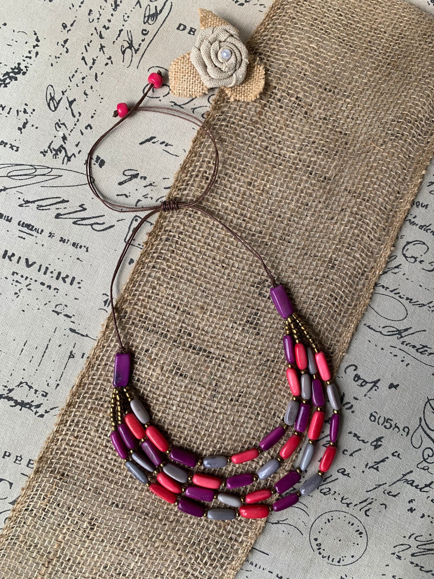 Pink purple and gray Tagua nut necklace 4 Strand necklace Statement beaded collar Anniversary gift for wife Fall fashion Beach style