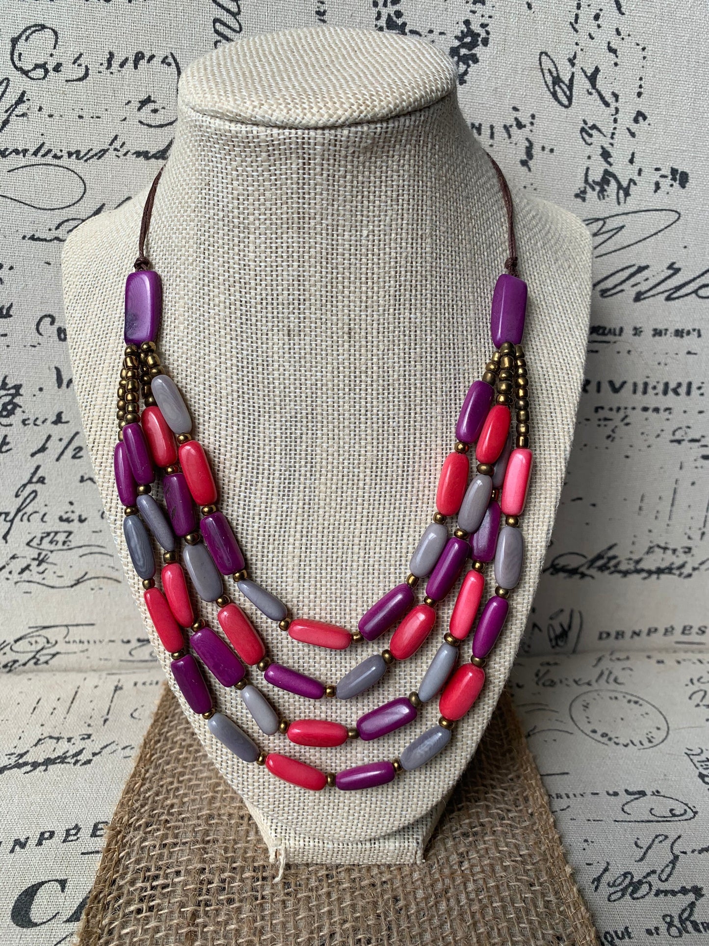 Pink purple and gray Tagua nut necklace 4 Strand necklace Statement beaded collar Anniversary gift for wife Fall fashion Beach style