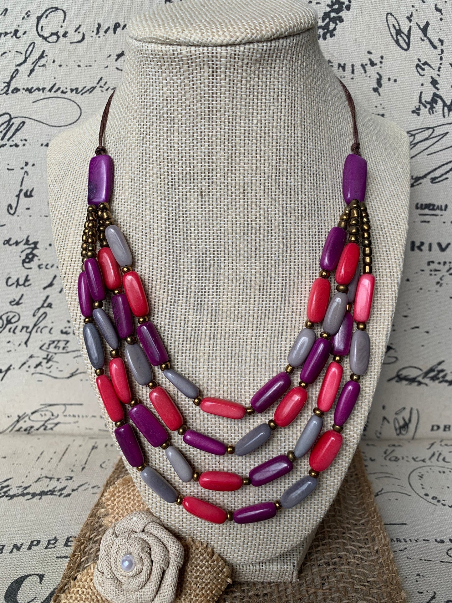 Pink purple and gray Tagua nut necklace 4 Strand necklace Statement beaded collar Anniversary gift for wife Fall fashion Beach style