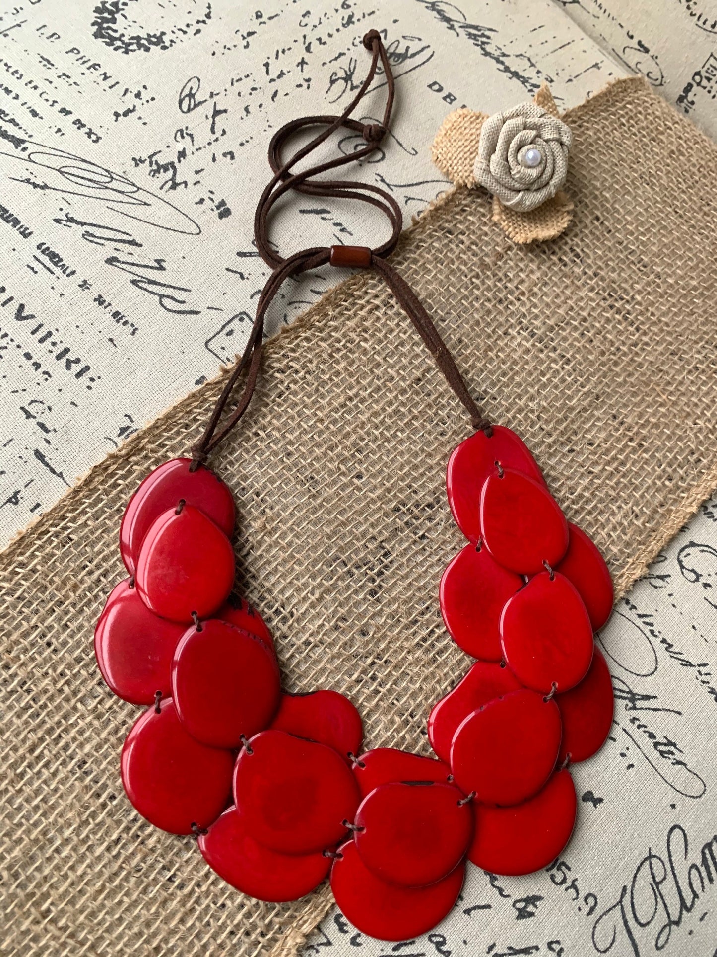 Red triple layer statement necklace Tagua nut jewelry Big bold chunky necklace Triple 3 strands bib collar Anniversary gift ideas for wife