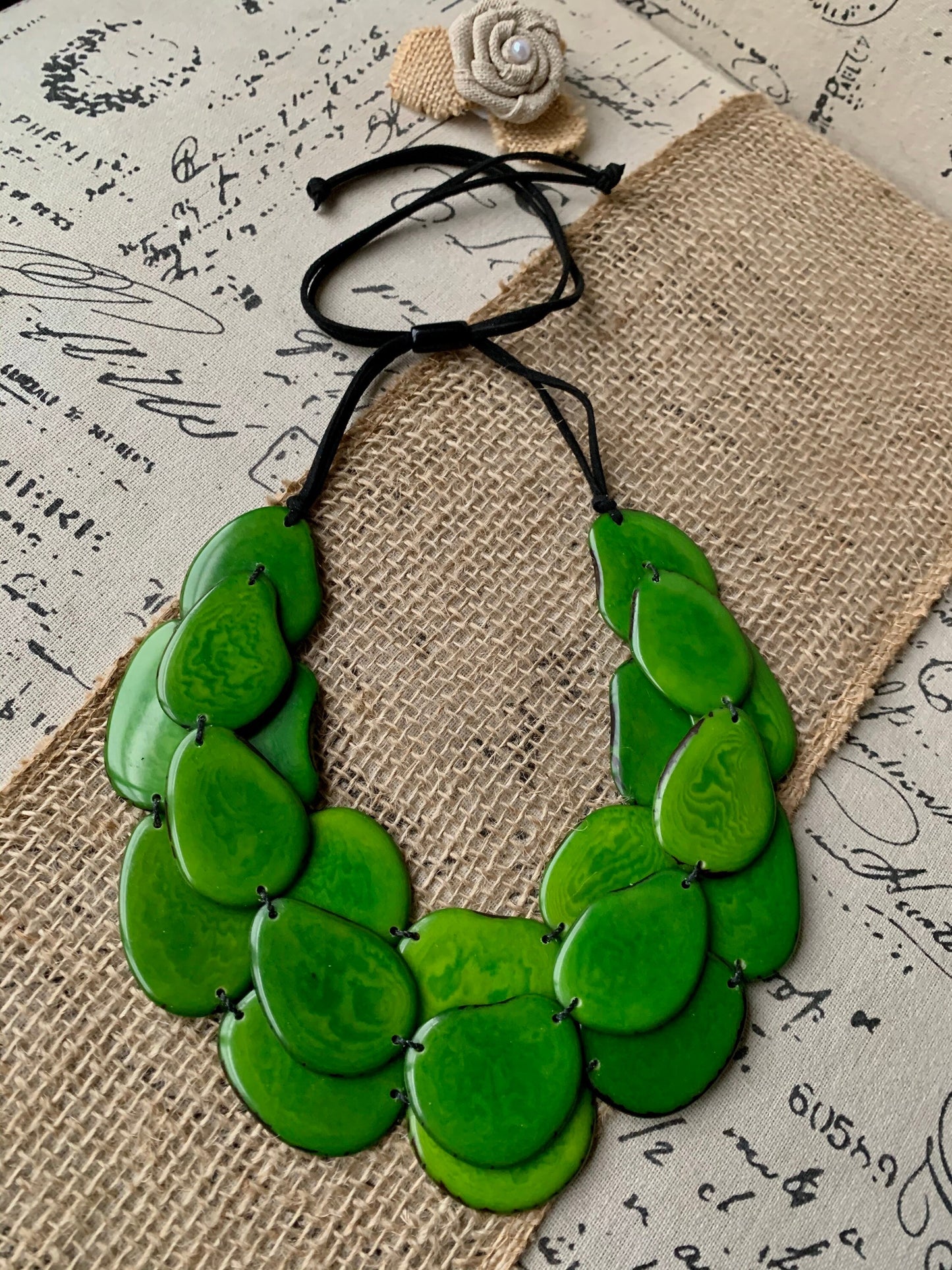 Green multi layer beaded necklace Tagua jewelry Big bold chunky necklace Triple 3 strands bib collar Fall fashion style Christmas gifts