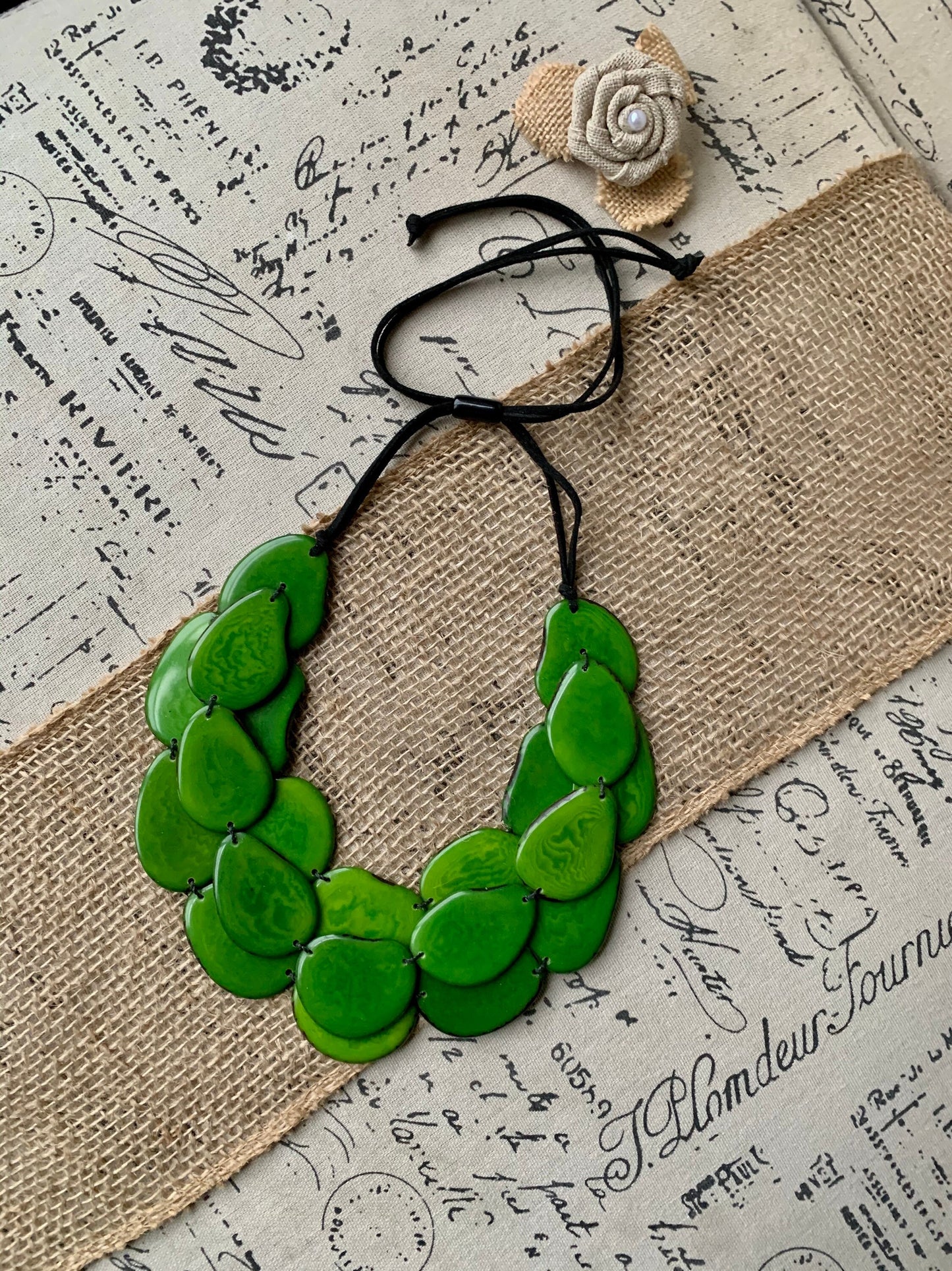Green multi layer beaded necklace Tagua jewelry Big bold chunky necklace Triple 3 strands bib collar Fall fashion style Christmas gifts