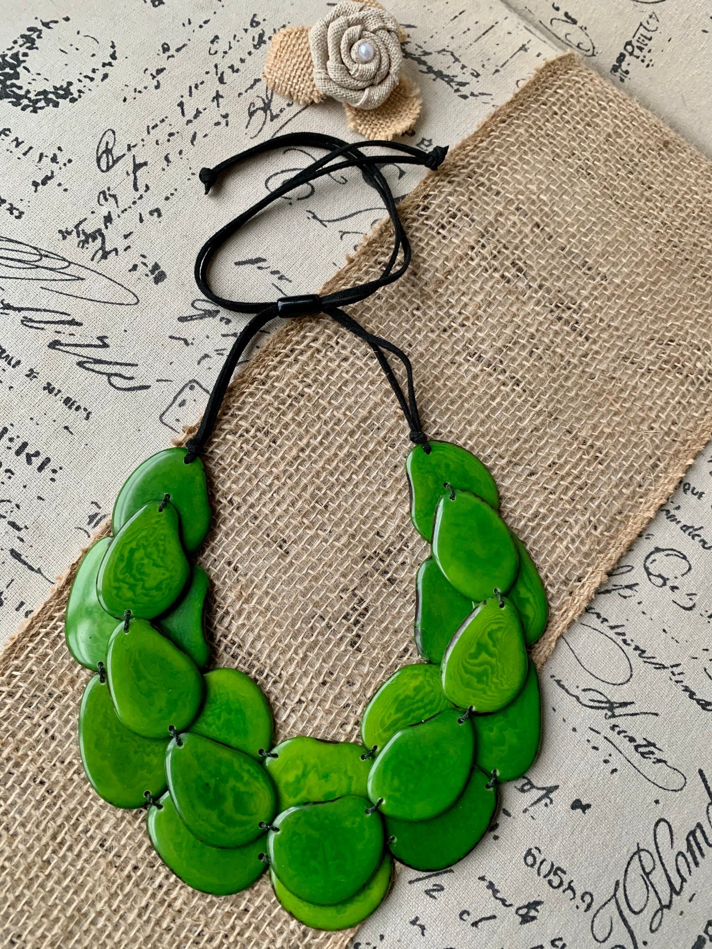 Green multi layer beaded necklace Tagua jewelry Big bold chunky necklace Triple 3 strands bib collar Fall fashion style Christmas gifts