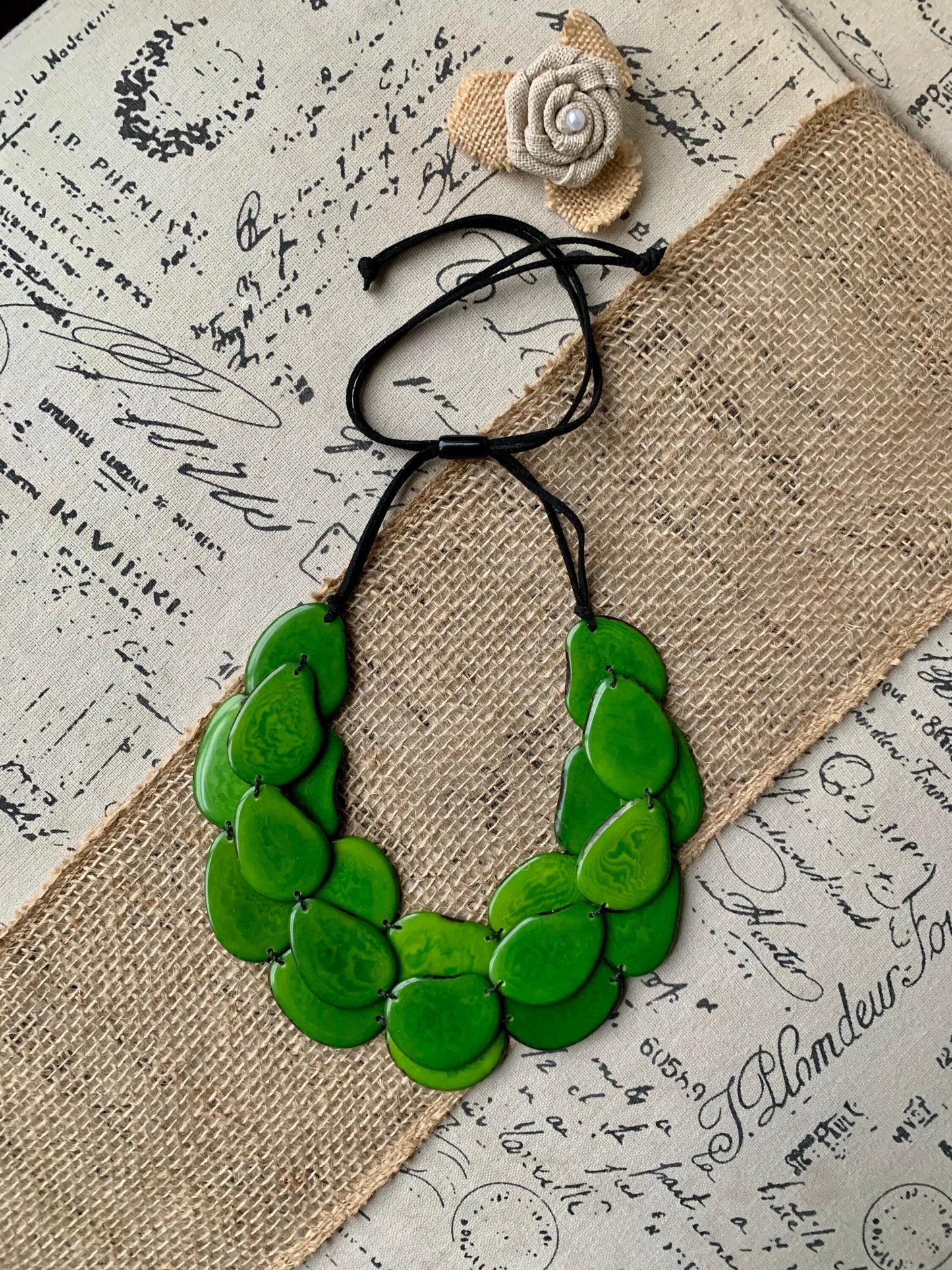 Green multi layer beaded necklace Tagua jewelry Big bold chunky necklace Triple 3 strands bib collar Fall fashion style Christmas gifts
