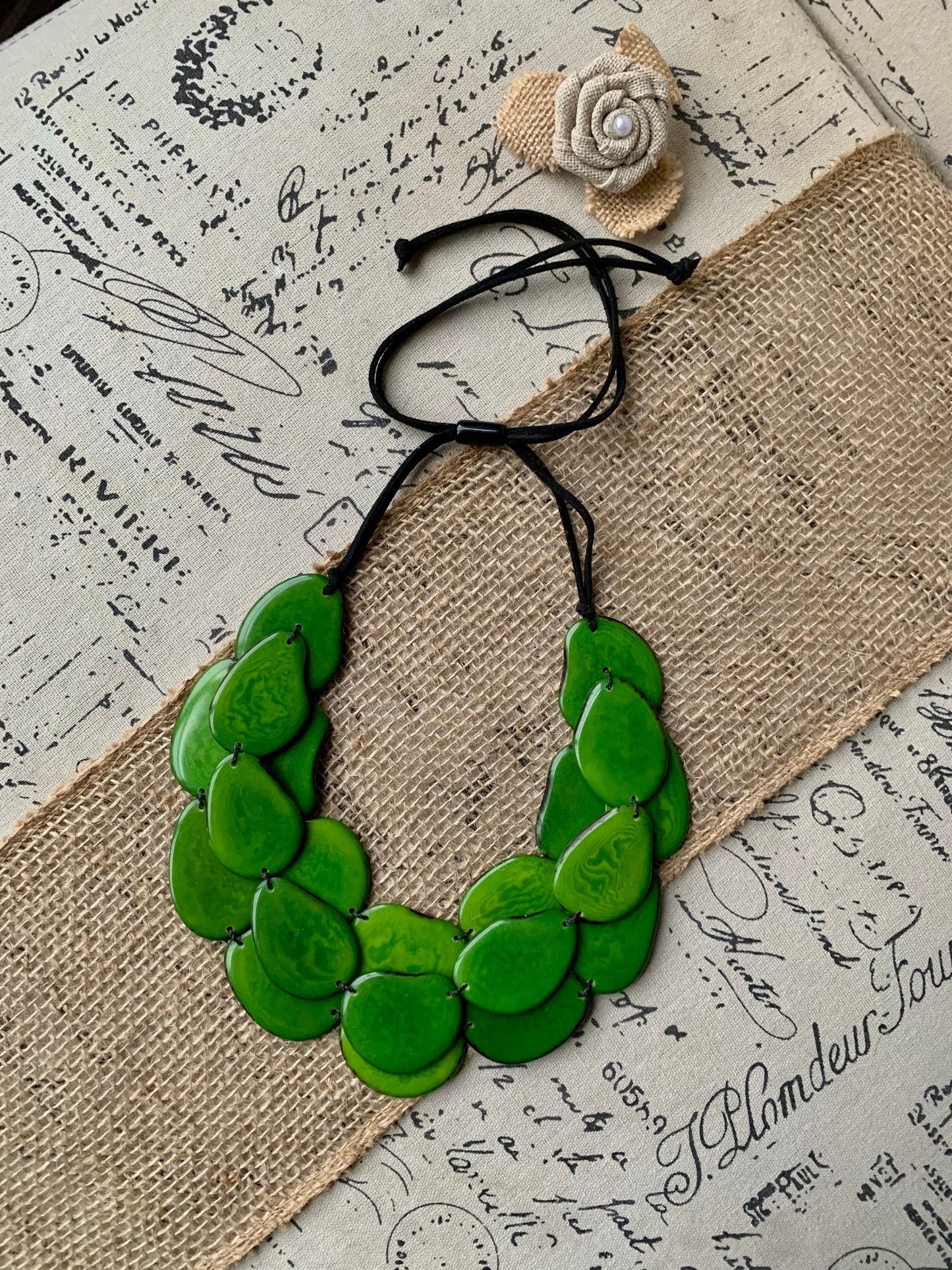 Green multi layer beaded necklace Tagua jewelry Big bold chunky necklace Triple 3 strands bib collar Fall fashion style Christmas gifts