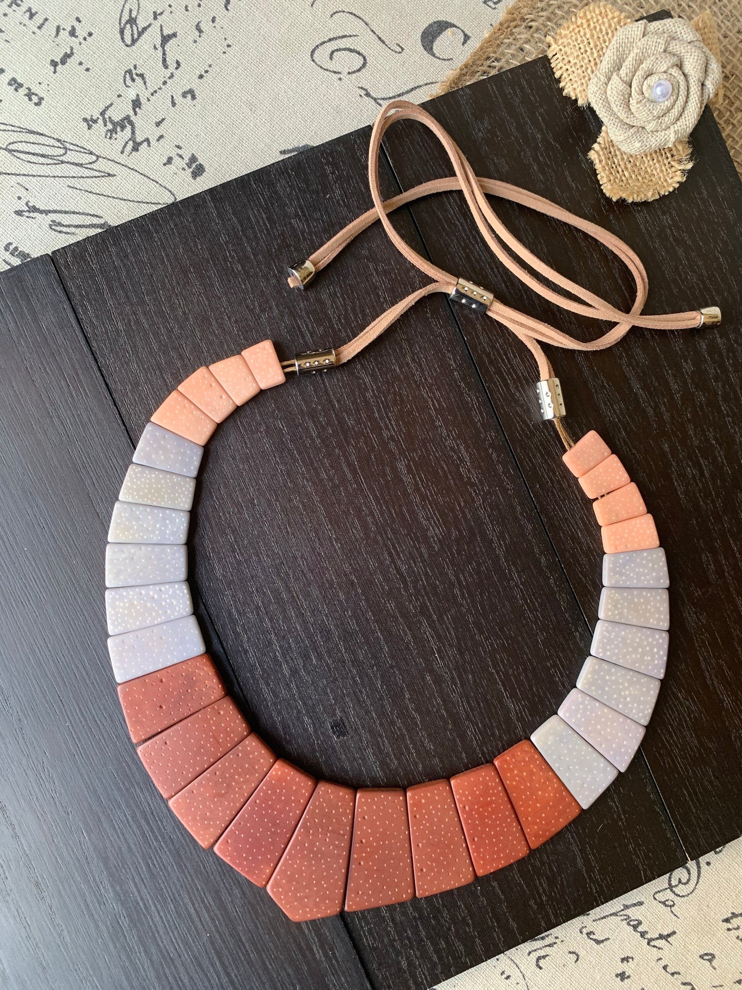 Brown gray and peach modern Tagua necklace Fall trendy fashion Contemporary statement necklace Anniversary gift Big bold chunky necklace