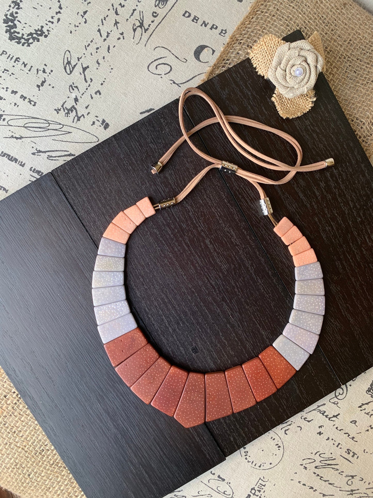 Brown gray and peach modern Tagua necklace Fall trendy fashion Contemporary statement necklace Anniversary gift Big bold chunky necklace