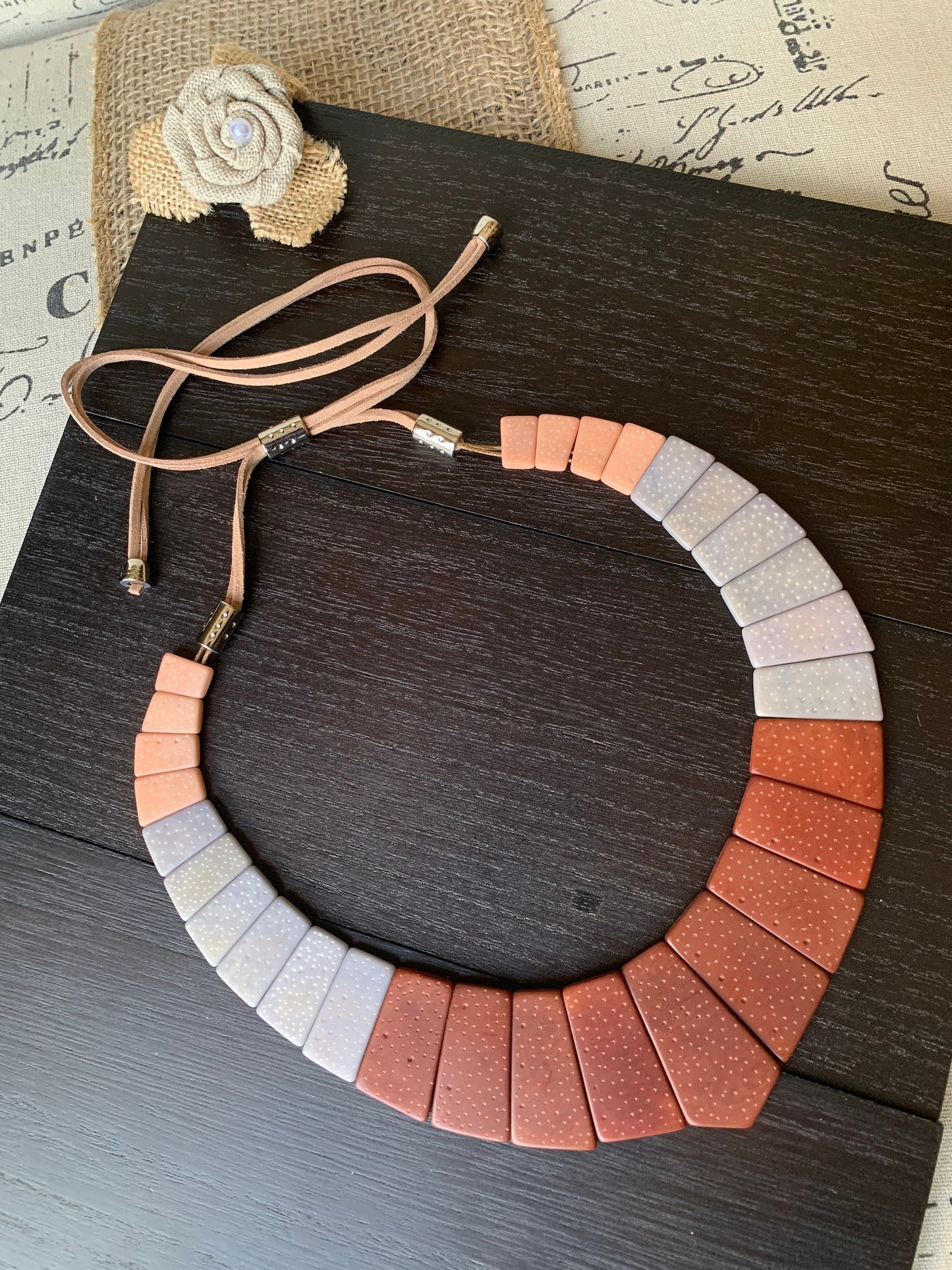 Brown gray and peach modern Tagua necklace Fall trendy fashion Contemporary statement necklace Anniversary gift Big bold chunky necklace
