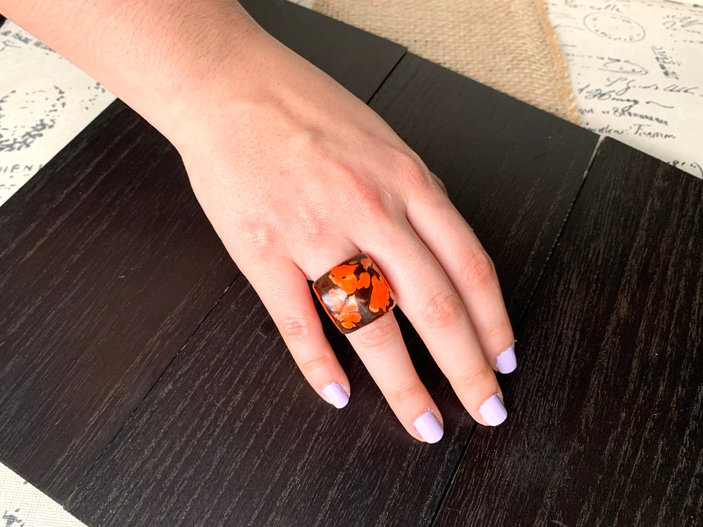 Orange statement Tagua ring Unusual jewelry Cocktail ring Beach fashion Big bold chunky Oversized huge ring Handcrafted in Colombia Organic