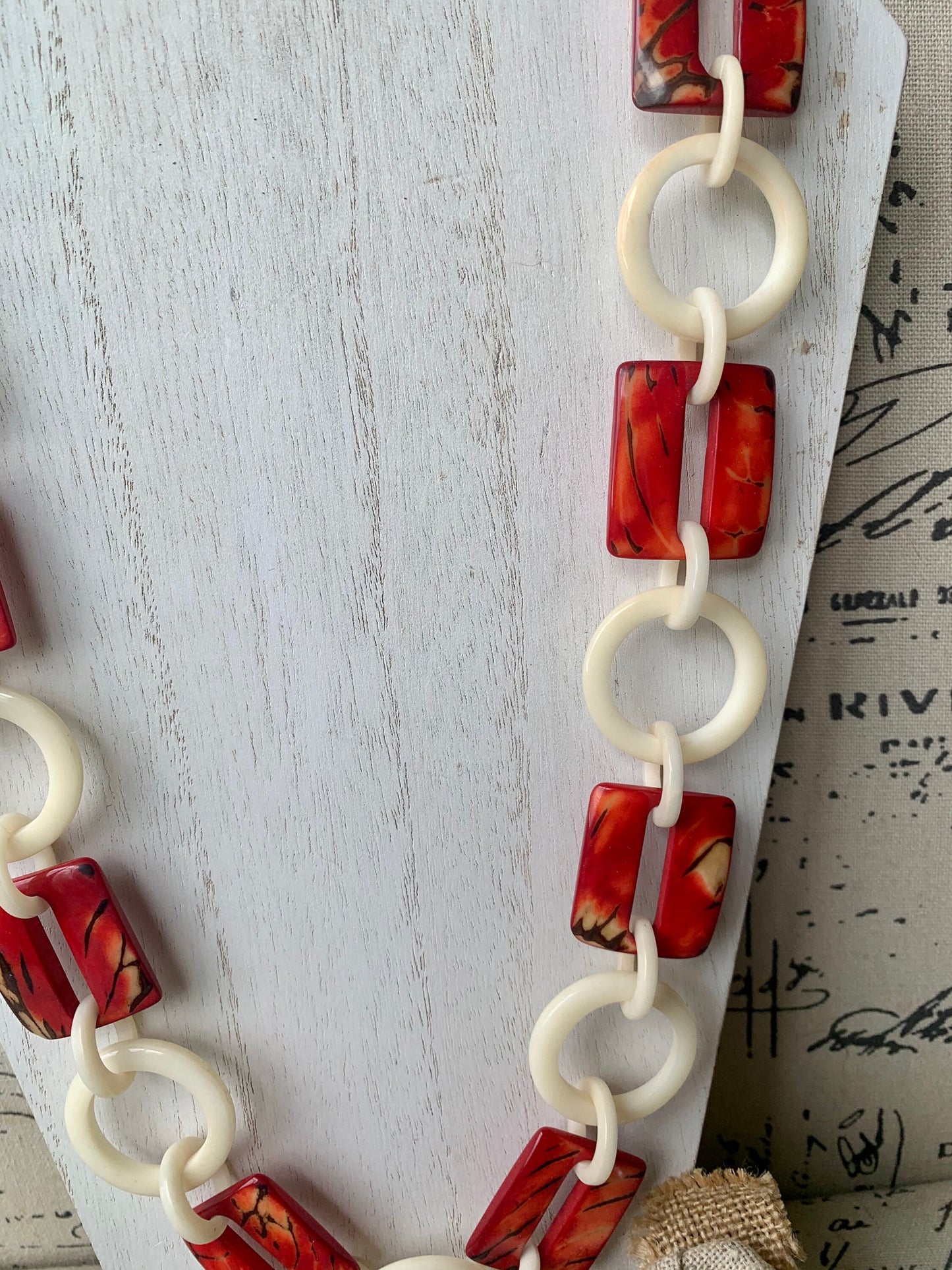 Red and white fashion Tagua necklace Extra long adjustable beaded necklace 14 Anniversary gift for wife Statement geometric jewelry Organic