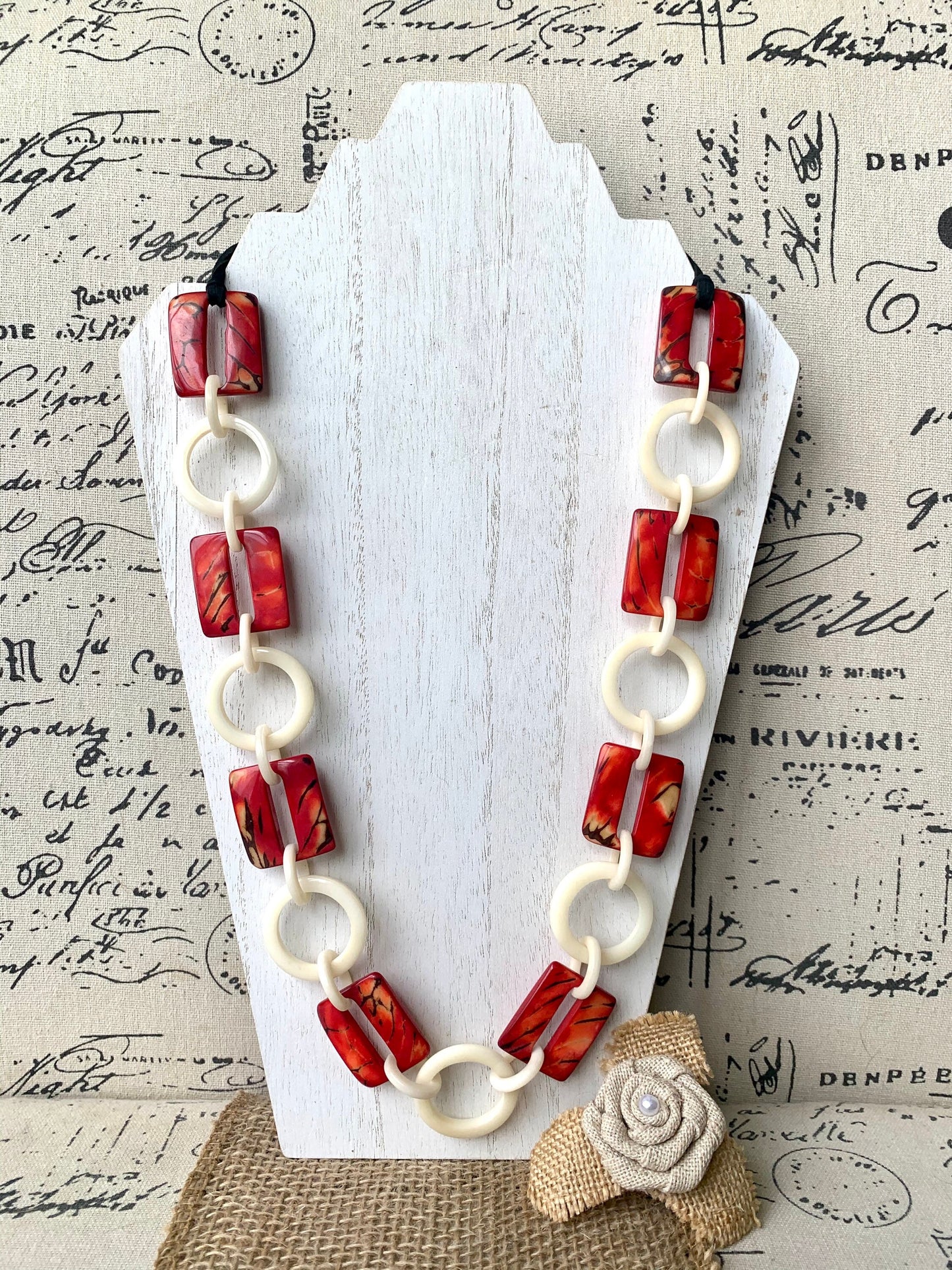 Red and white fashion Tagua necklace Extra long adjustable beaded necklace 14 Anniversary gift for wife Statement geometric jewelry Organic