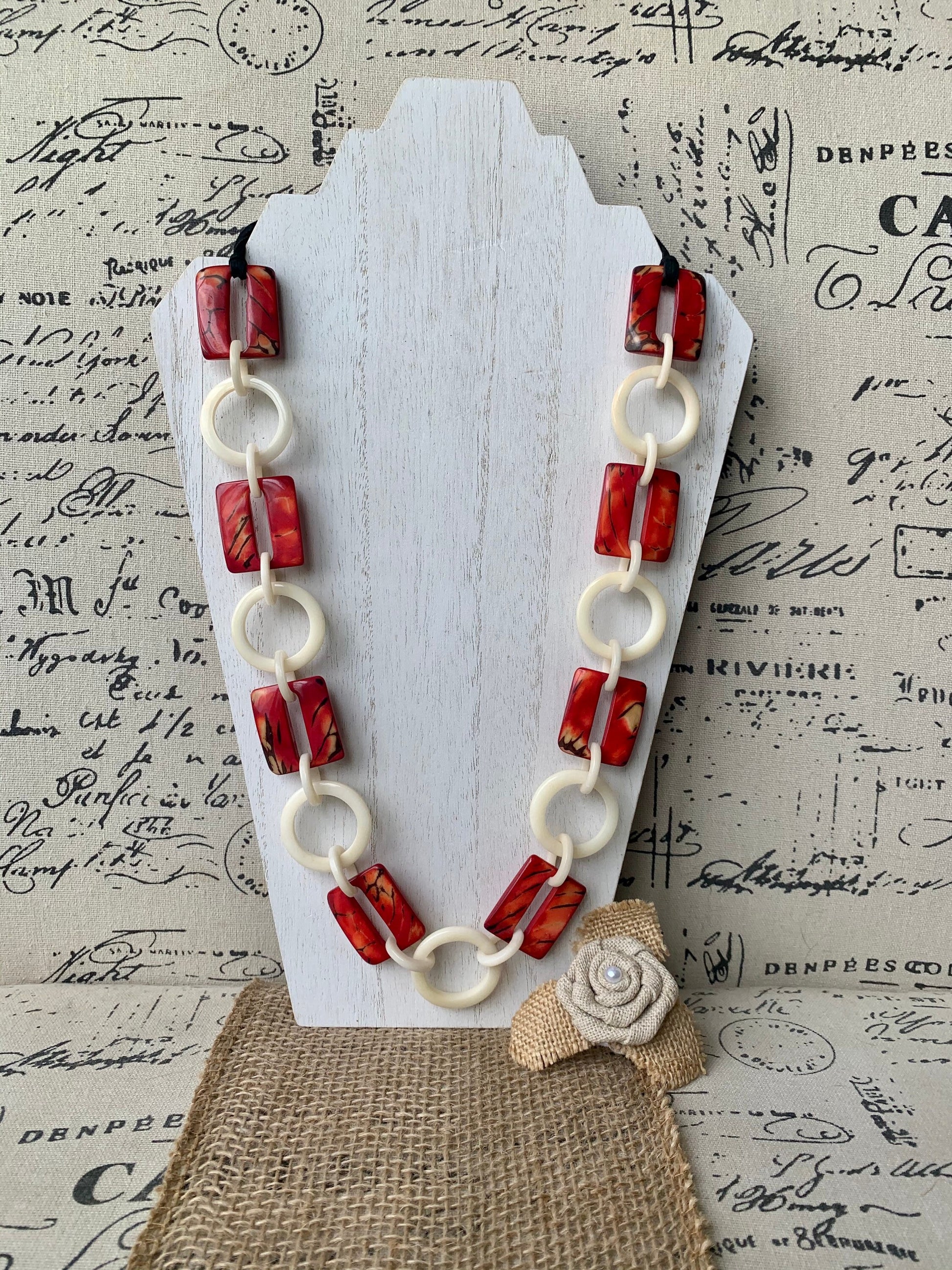 Red and white fashion Tagua necklace Extra long adjustable beaded necklace 14 Anniversary gift for wife Statement geometric jewelry Organic