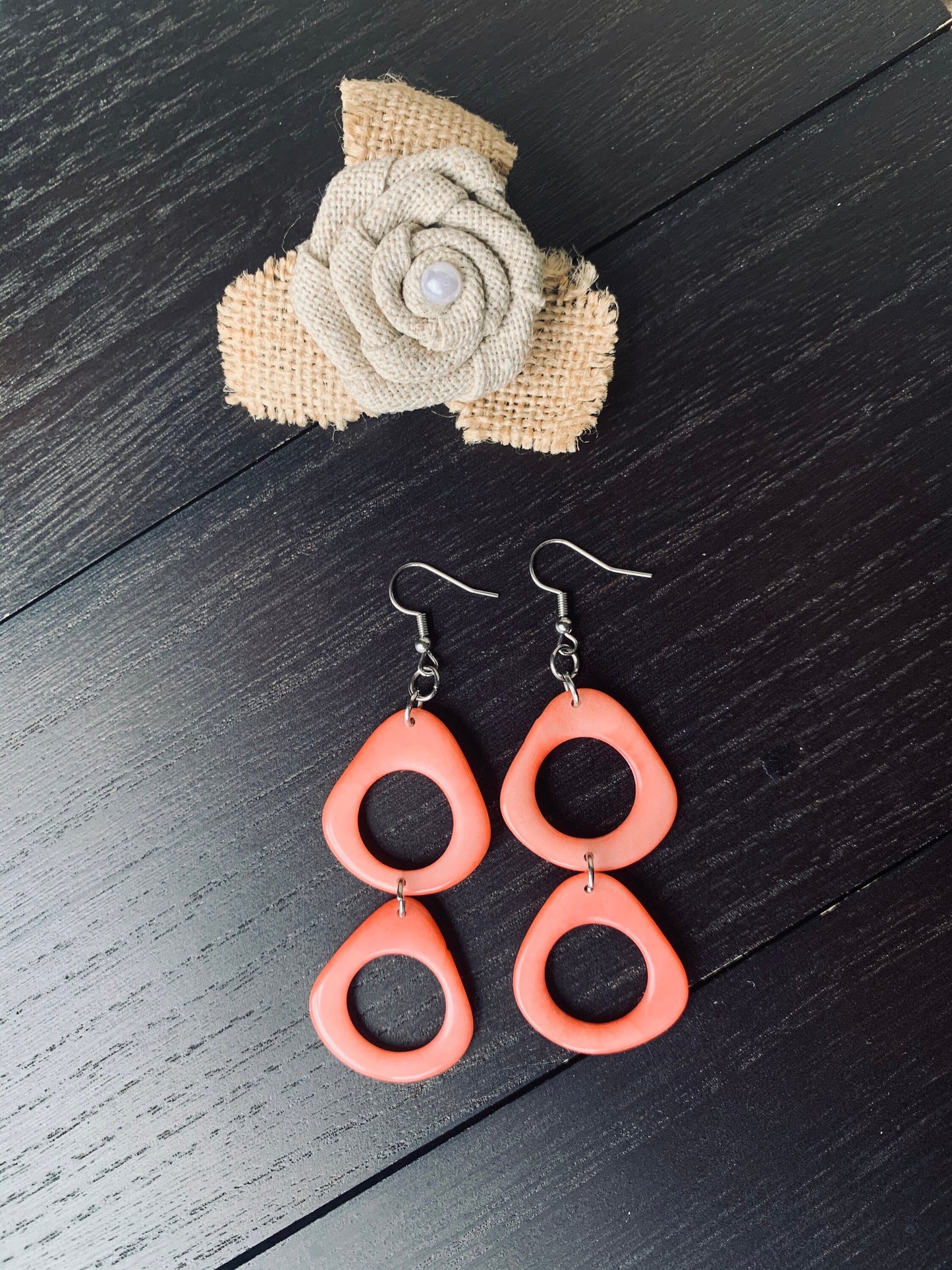 Peach extra long dangle fashion earrings Tagua nut jewelry Statement drops Boho mod hoops Anniversary gifts for wife Summer fashion trends