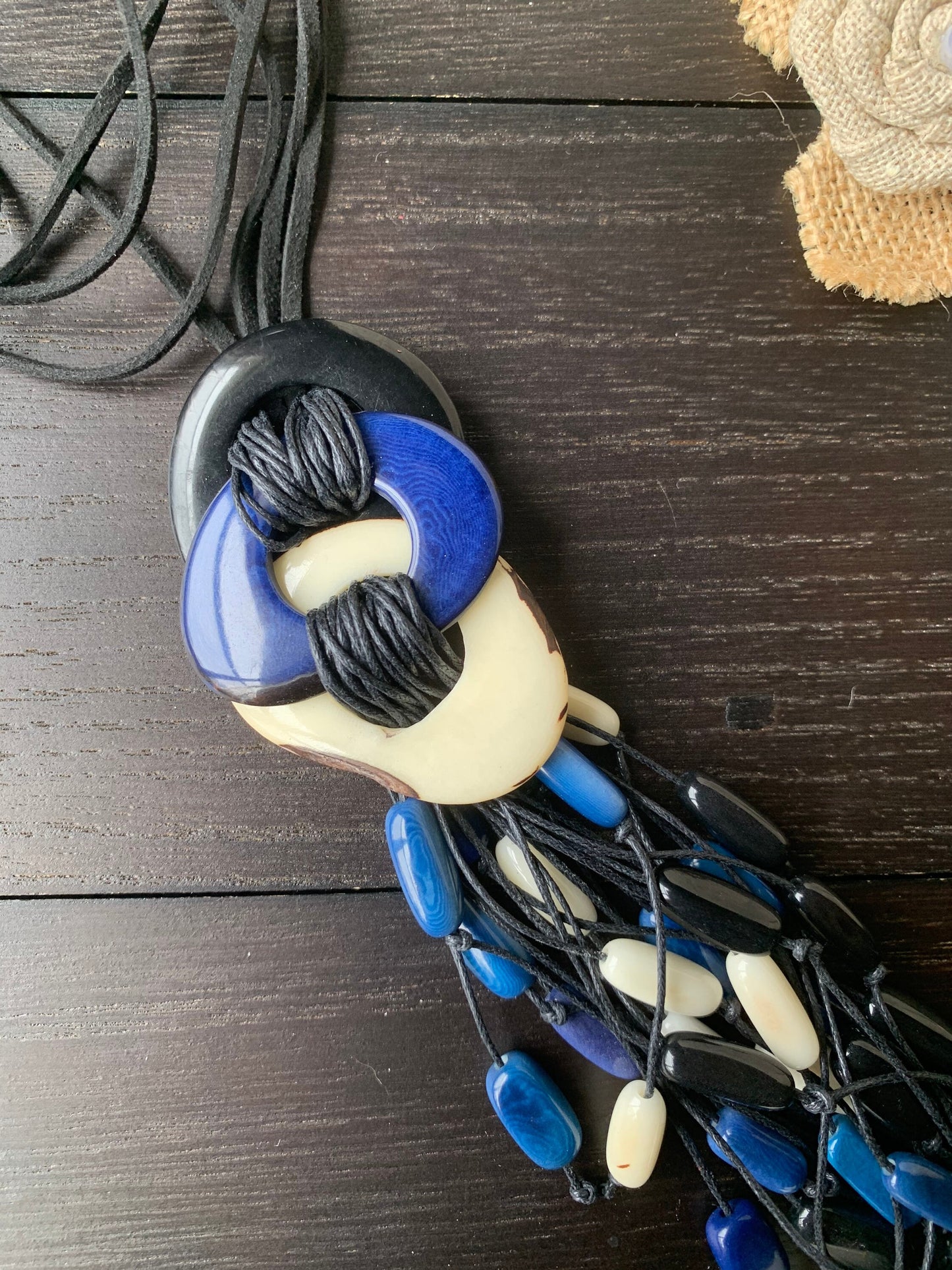 White blue and black statement necklace Boho jewelry Tagua necklace Macrame fringe necklace Spring fashion trend Boho Extra long adjustable
