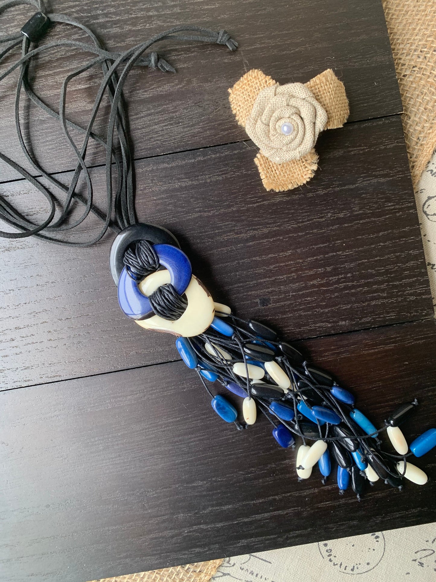 White blue and black statement necklace Boho jewelry Tagua necklace Macrame fringe necklace Spring fashion trend Boho Extra long adjustable