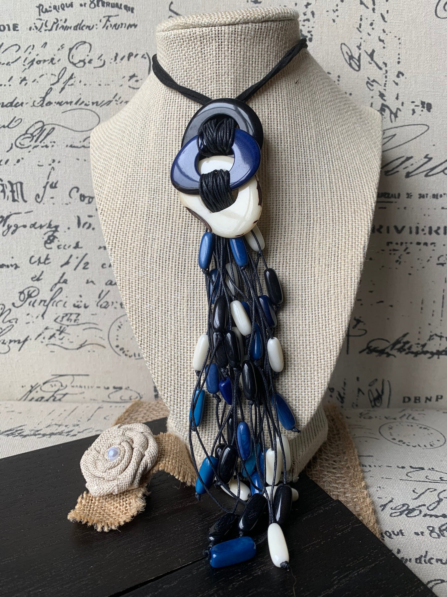 White blue and black statement necklace Boho jewelry Tagua necklace Macrame fringe necklace Spring fashion trend Boho Extra long adjustable