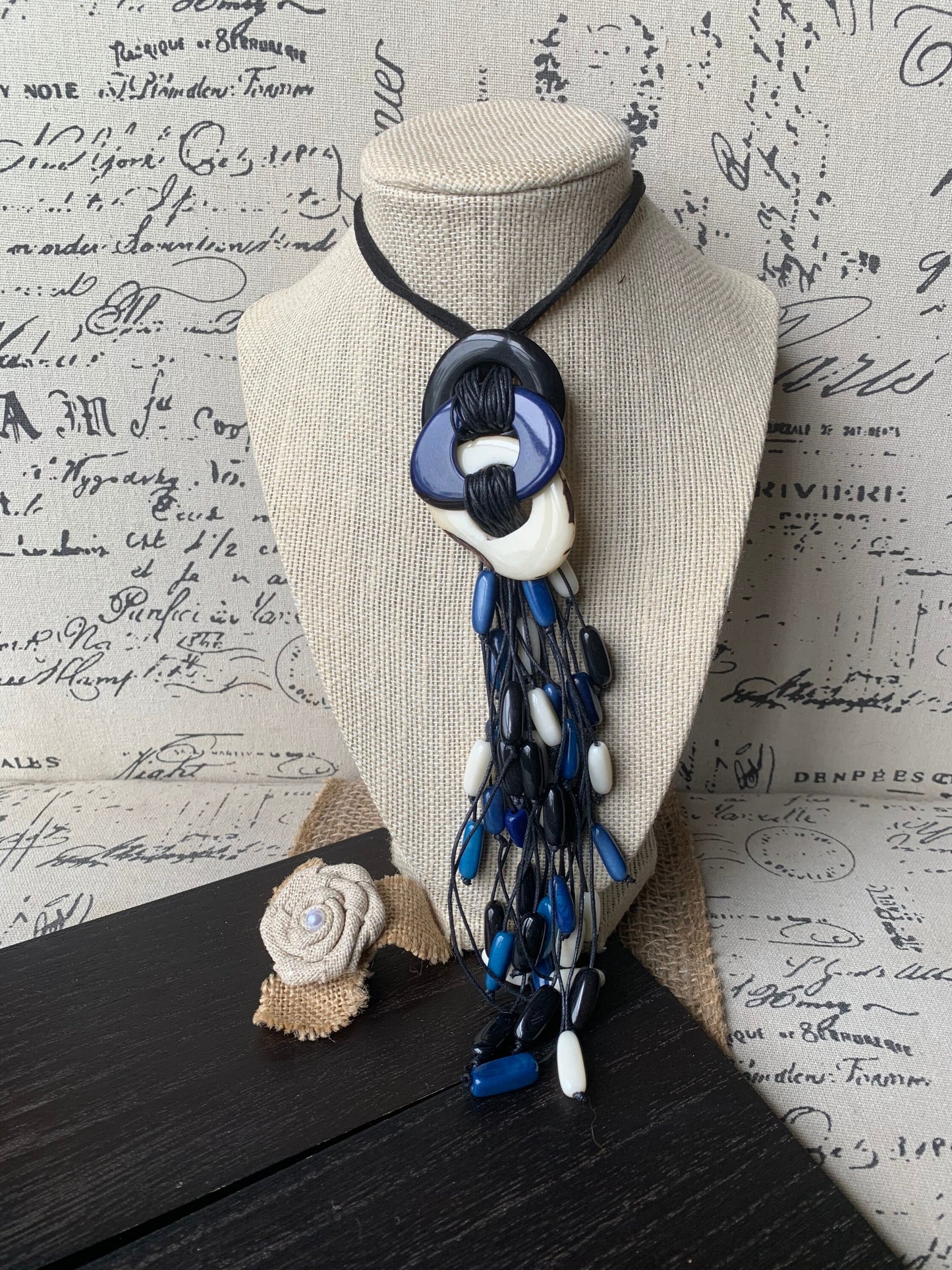 White blue and black statement necklace Boho jewelry Tagua necklace Macrame fringe necklace Spring fashion trend Boho Extra long adjustable