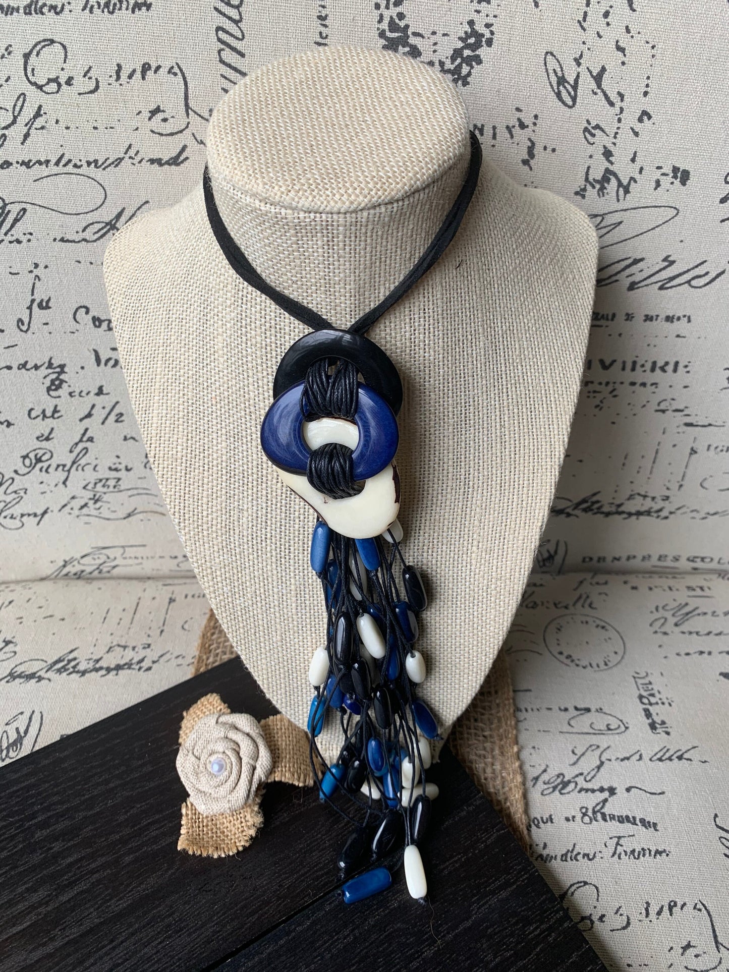 White blue and black statement necklace Boho jewelry Tagua necklace Macrame fringe necklace Spring fashion trend Boho Extra long adjustable