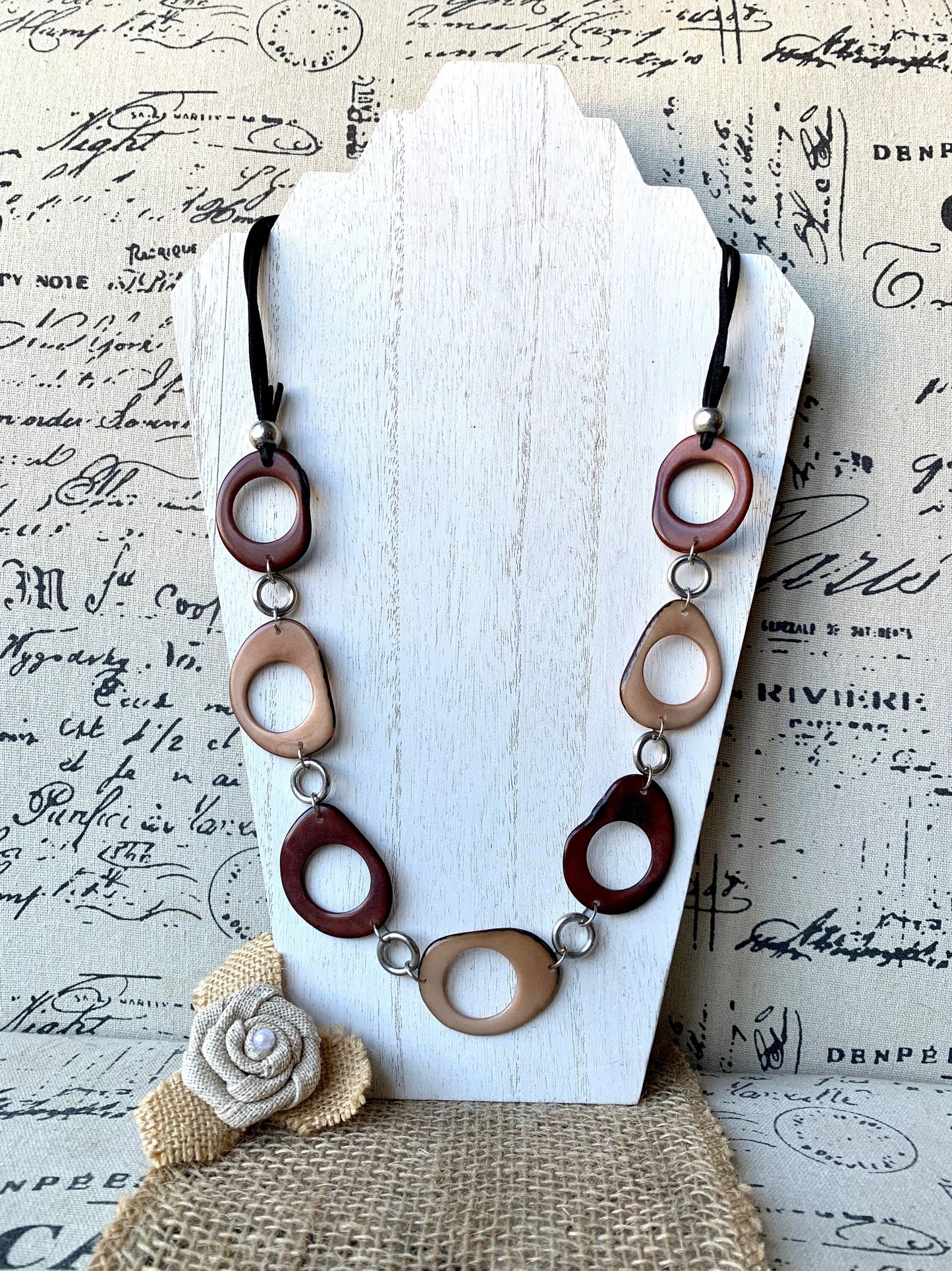 Brown extra long statement necklace Tagua jewelry Spring fashion style Lightweight beaded necklace Mother's day gifts Easter style trends