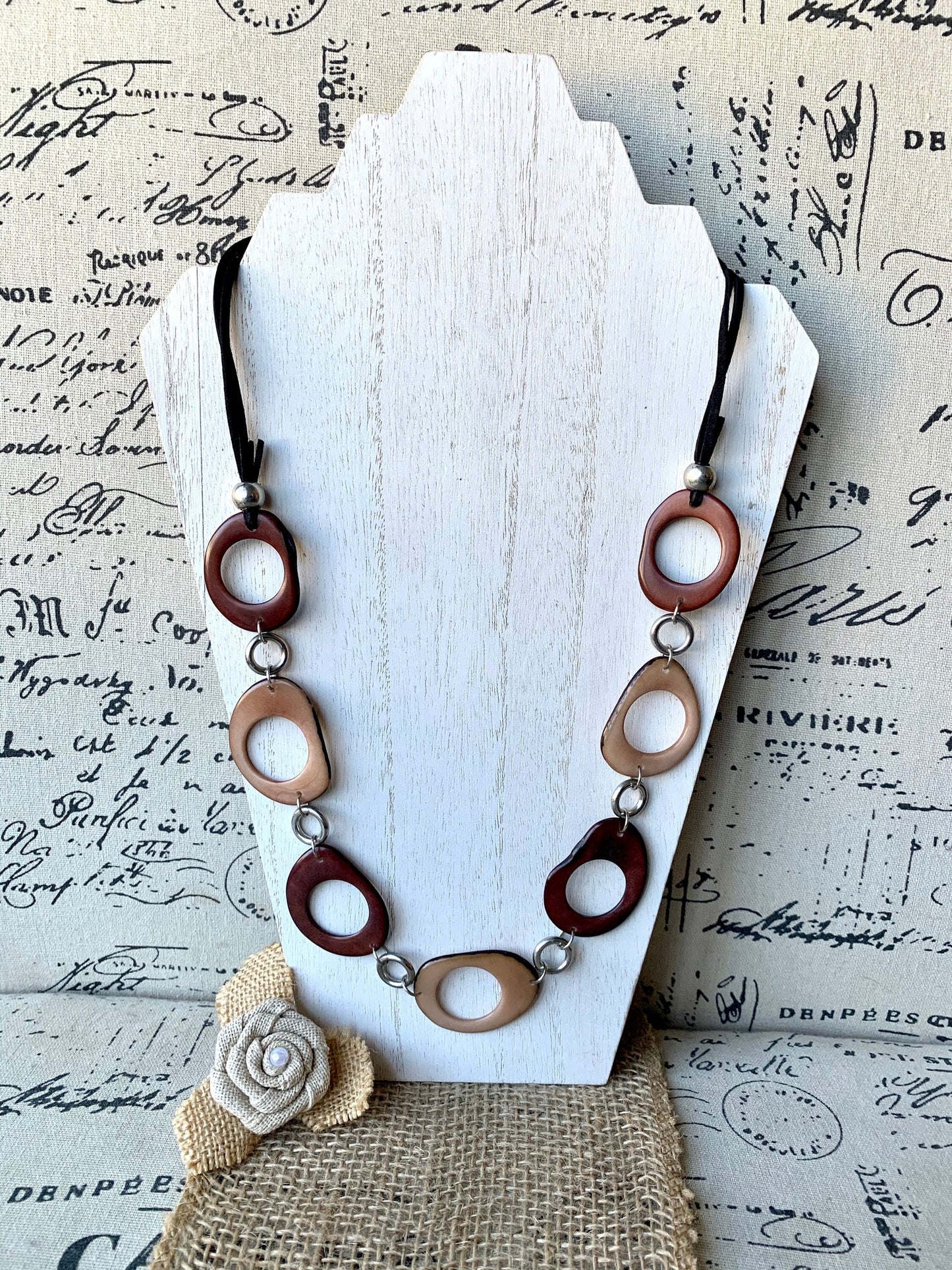 Brown extra long statement necklace Tagua jewelry Spring fashion style Lightweight beaded necklace Mother's day gifts Easter style trends