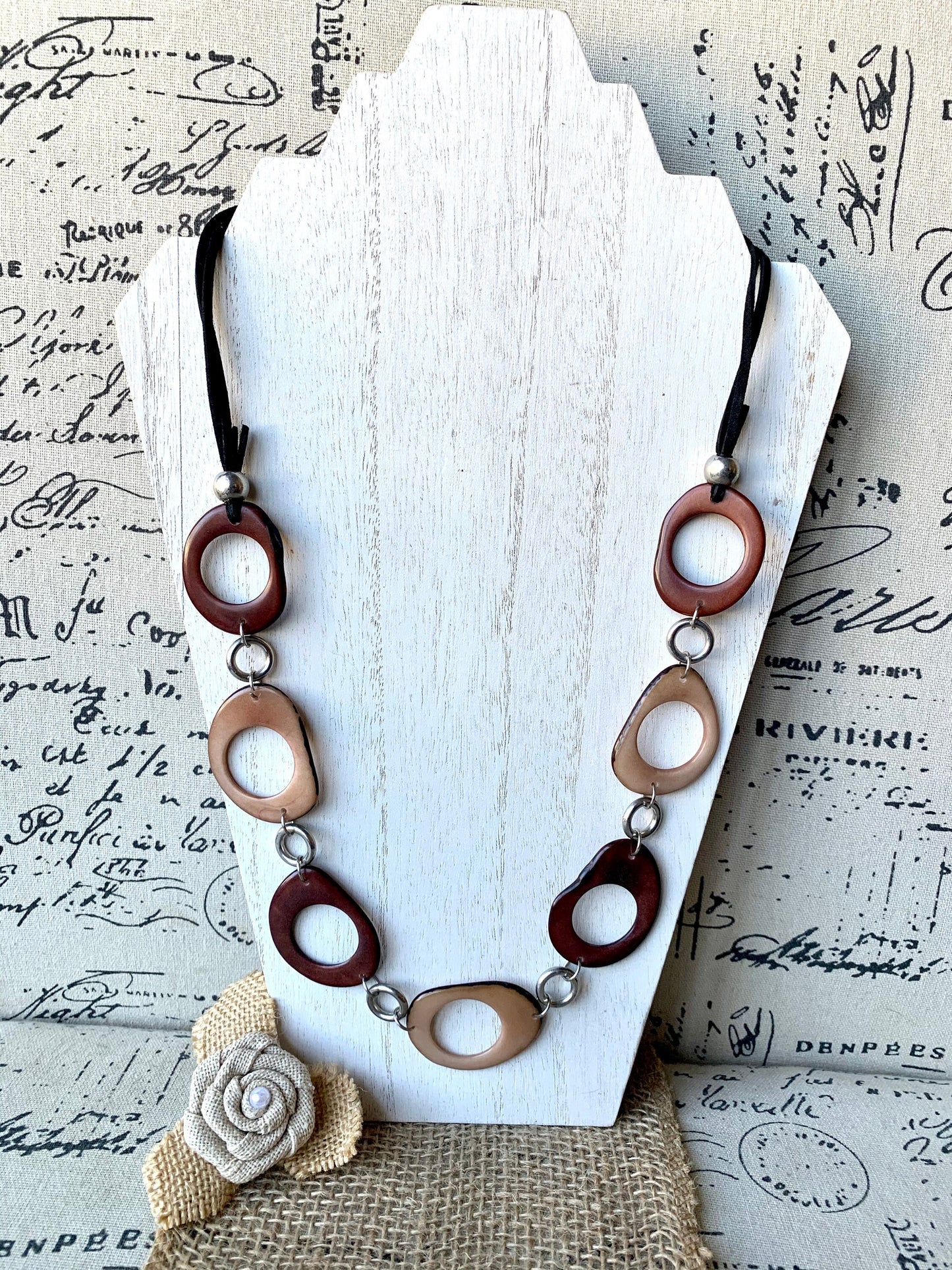 Brown extra long statement necklace Tagua jewelry Spring fashion style Lightweight beaded necklace Mother's day gifts Easter style trends