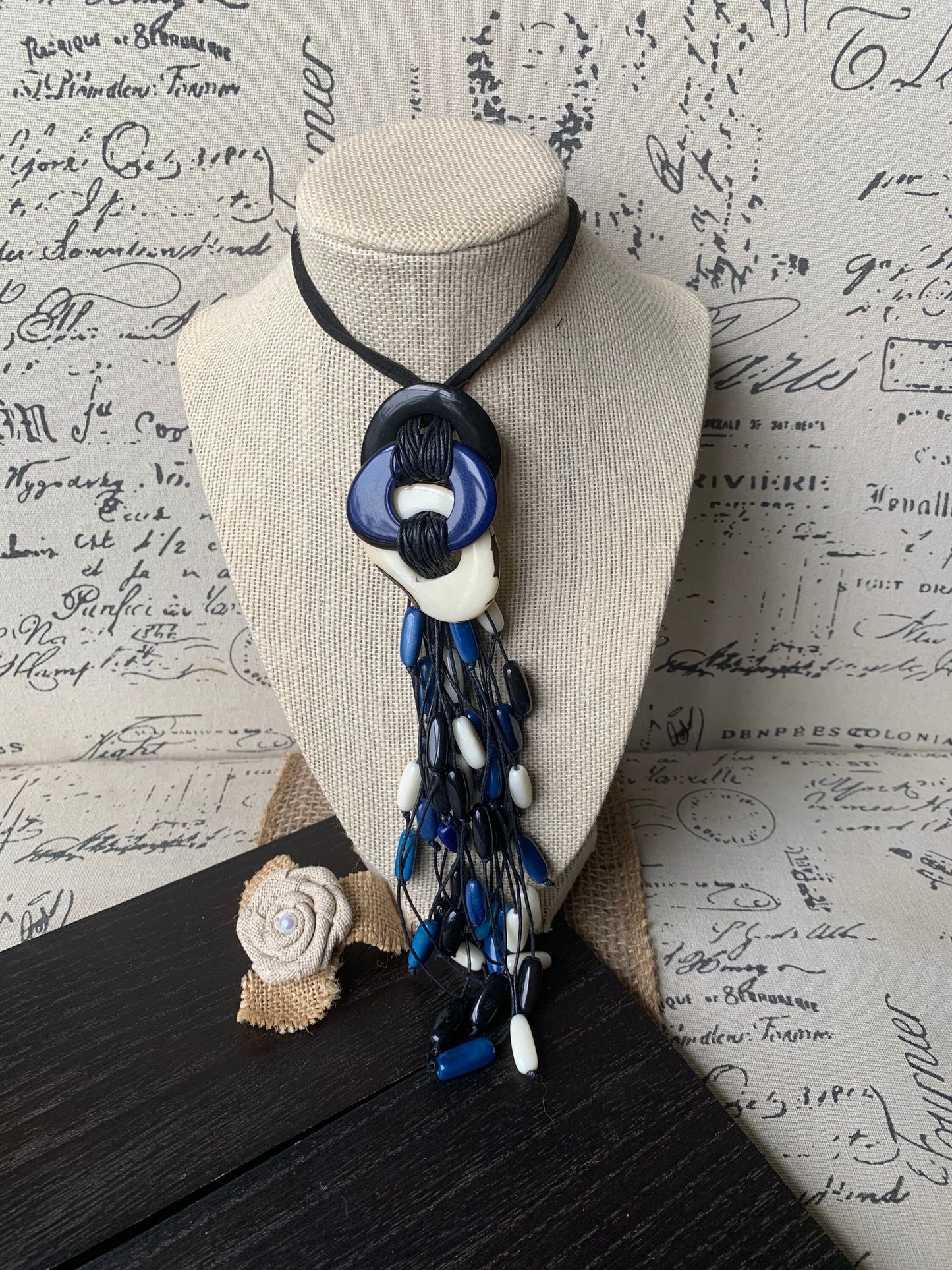 White blue and black statement necklace Boho jewelry Tagua necklace Macrame fringe necklace Spring fashion trend Boho Extra long adjustable