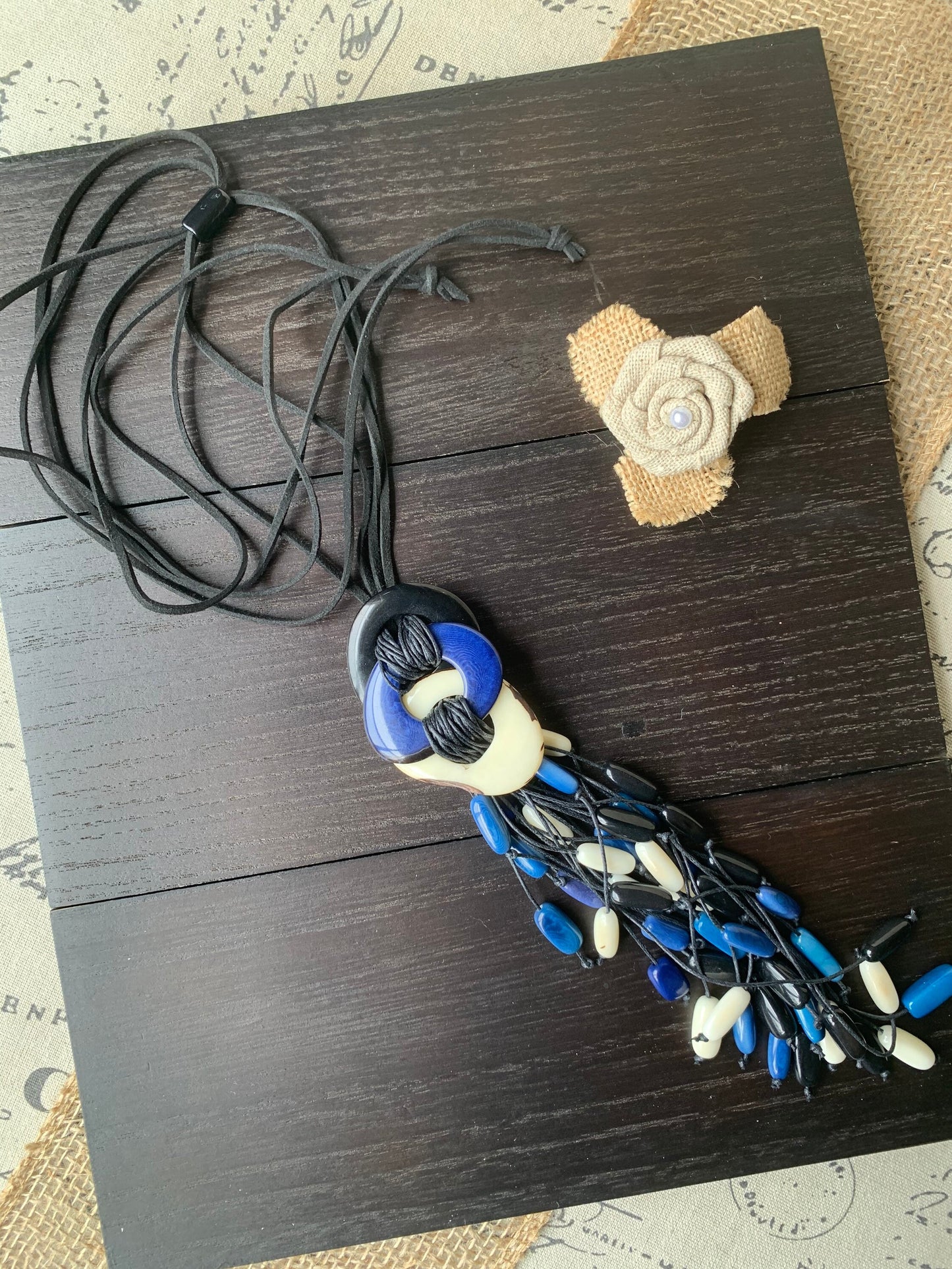 White blue and black statement necklace Boho jewelry Tagua necklace Macrame fringe necklace Spring fashion trend Boho Extra long adjustable