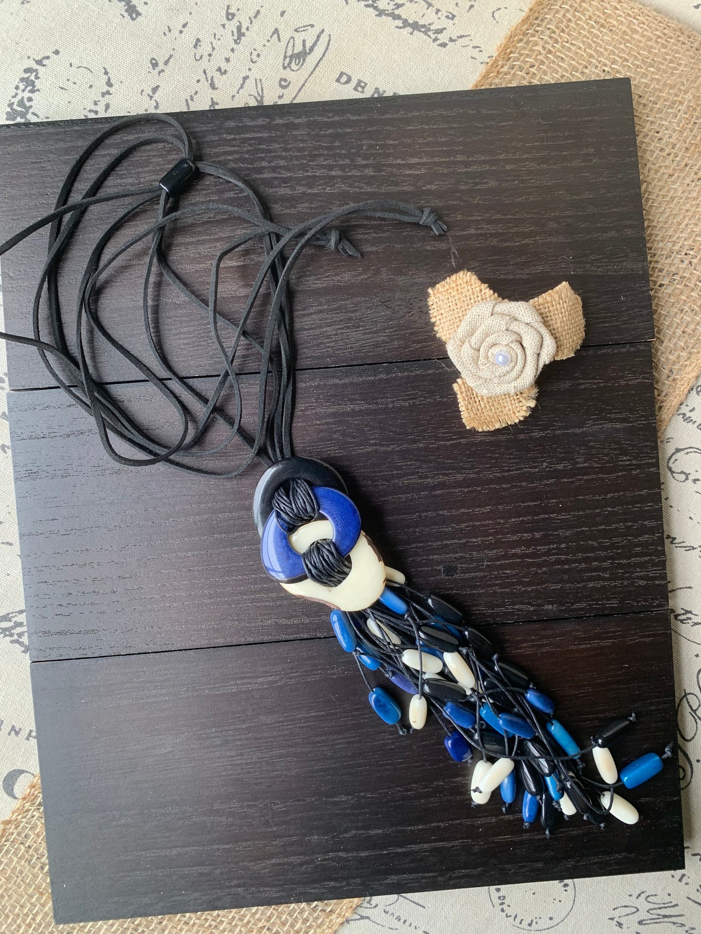 White blue and black statement necklace Boho jewelry Tagua necklace Macrame fringe necklace Spring fashion trend Boho Extra long adjustable