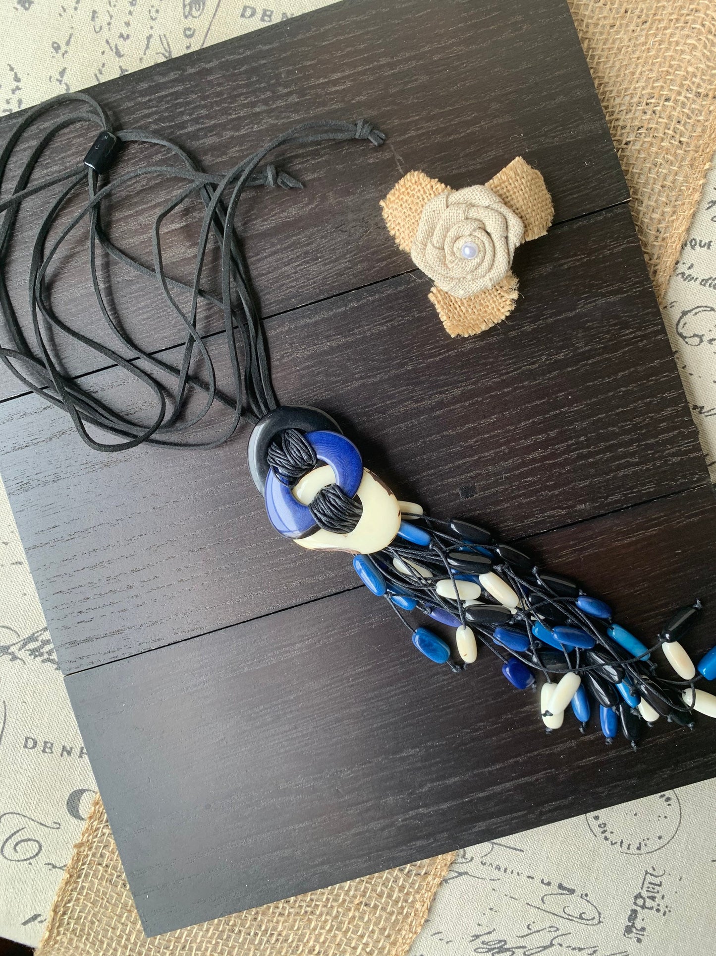 White blue and black statement necklace Boho jewelry Tagua necklace Macrame fringe necklace Spring fashion trend Boho Extra long adjustable
