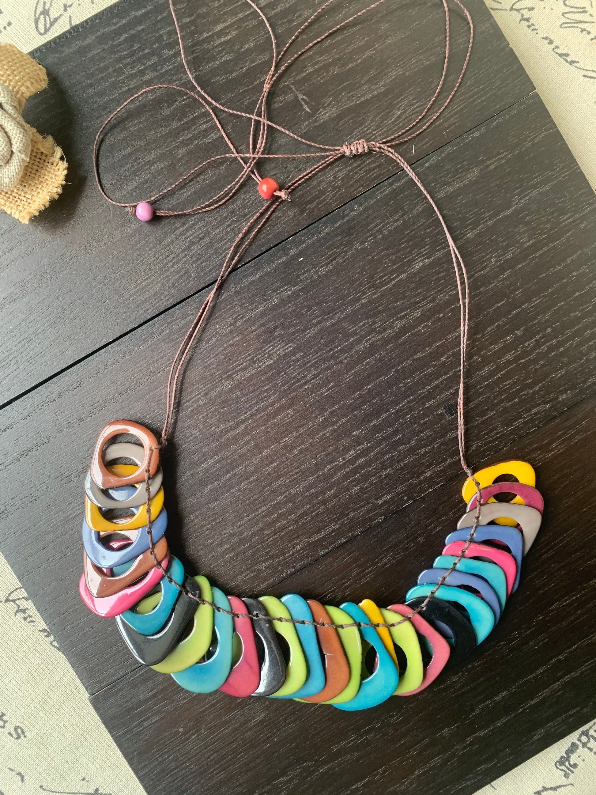 Rainbow Tagua necklace with adjustable cord Mother’s Day gifts for mom Chunky beaded necklace Sunmer trendy fashion Big bold statement bib