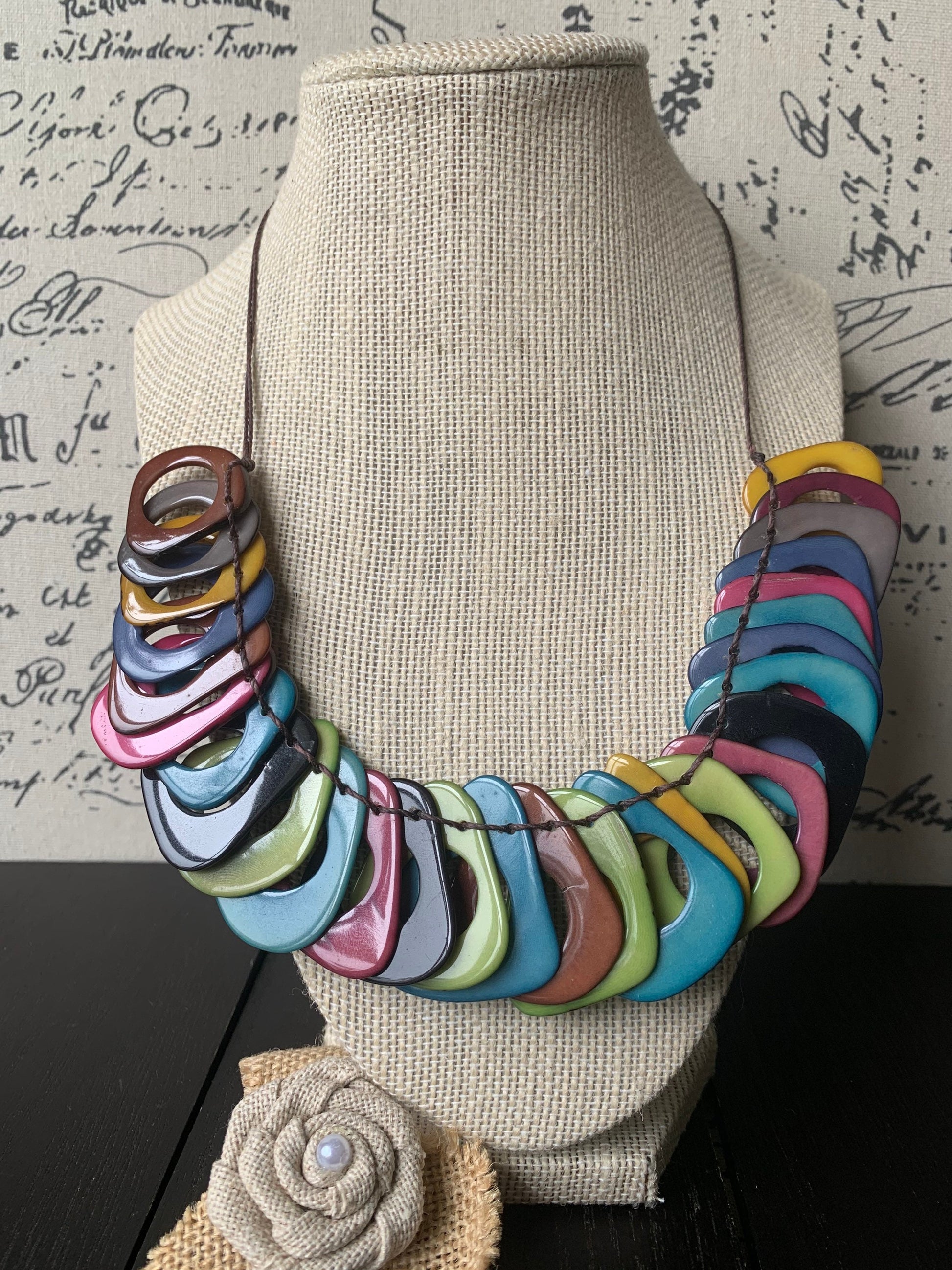 Rainbow Tagua necklace with adjustable cord Mother’s Day gifts for mom Chunky beaded necklace Sunmer trendy fashion Big bold statement bib
