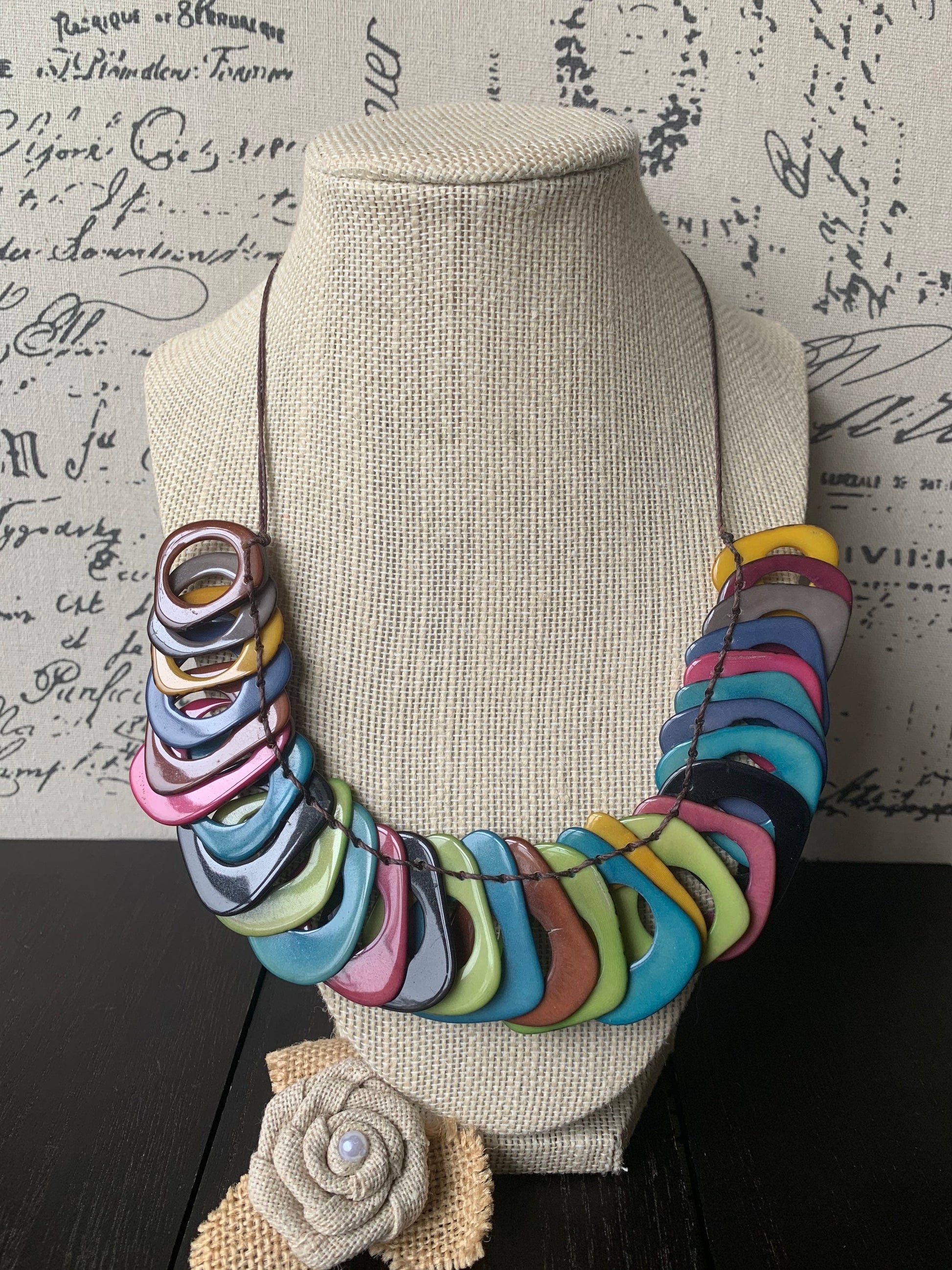Rainbow Tagua necklace with adjustable cord Mother’s Day gifts for mom Chunky beaded necklace Sunmer trendy fashion Big bold statement bib
