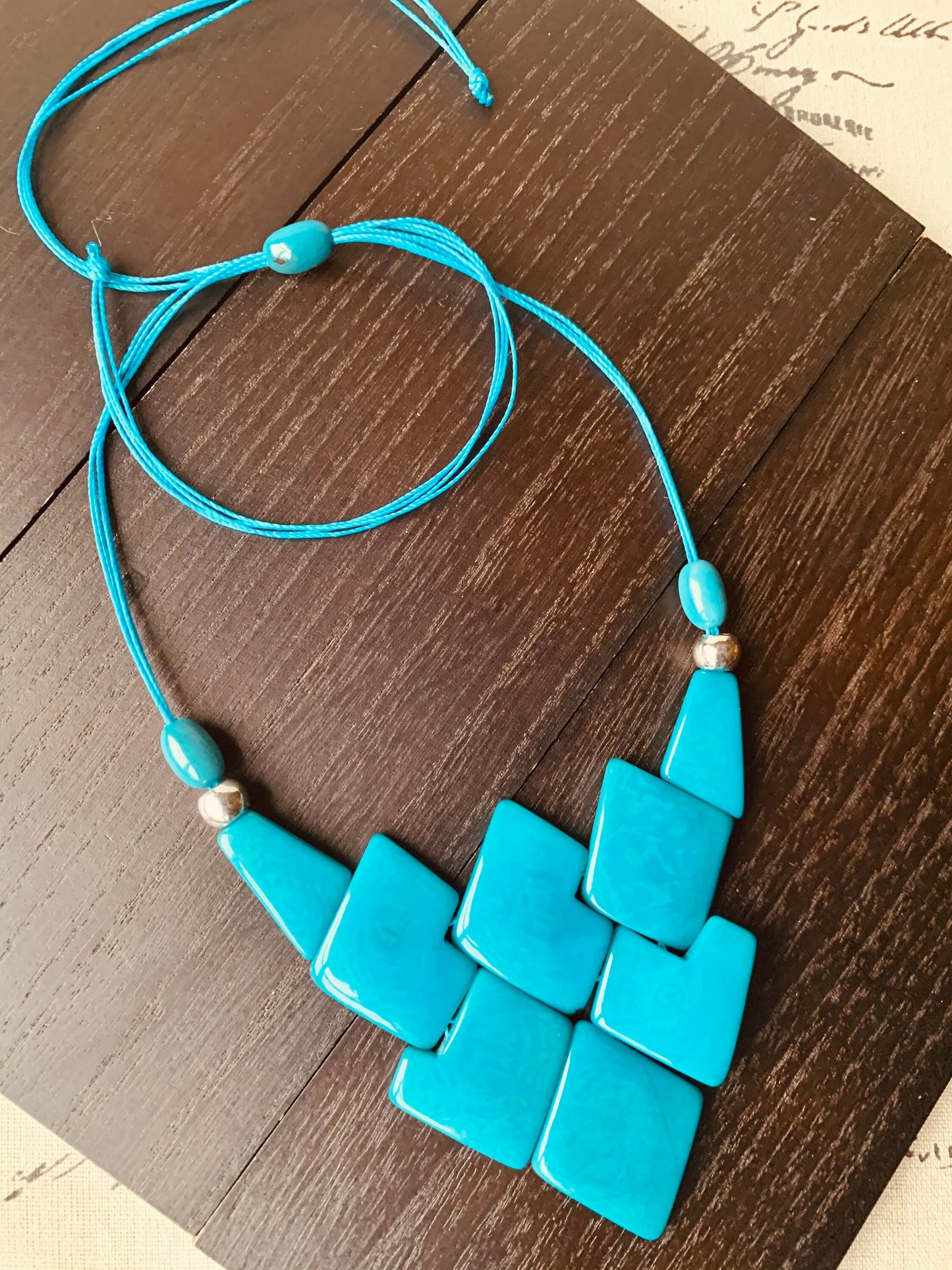 Turquoise blue tagua necklace Fall style trends Geometric necklaces for women Lightweight fashion necklace Anniversary gifts for wife
