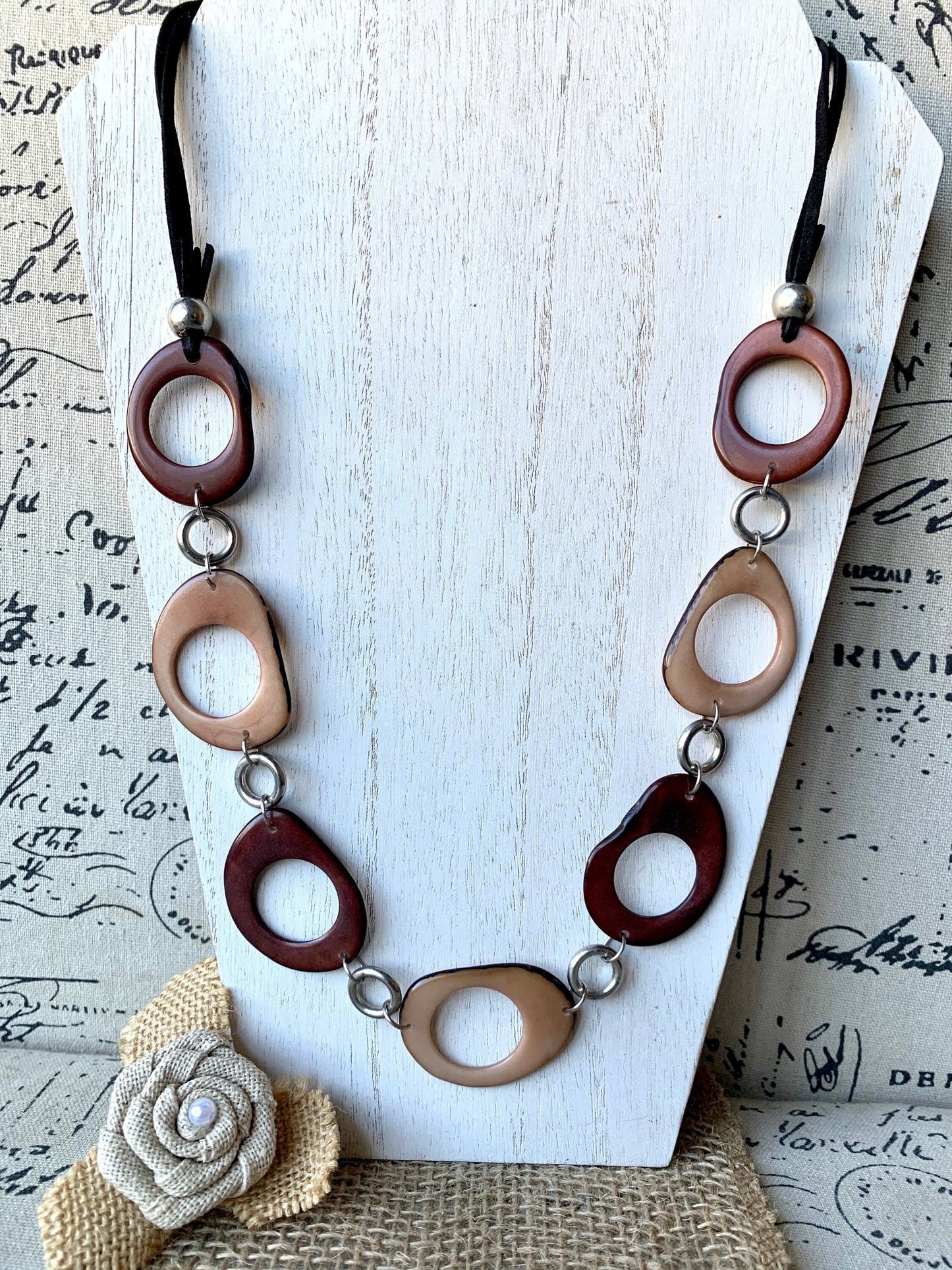 Brown extra long statement necklace Tagua jewelry Spring fashion style Lightweight beaded necklace Mother's day gifts Easter style trends