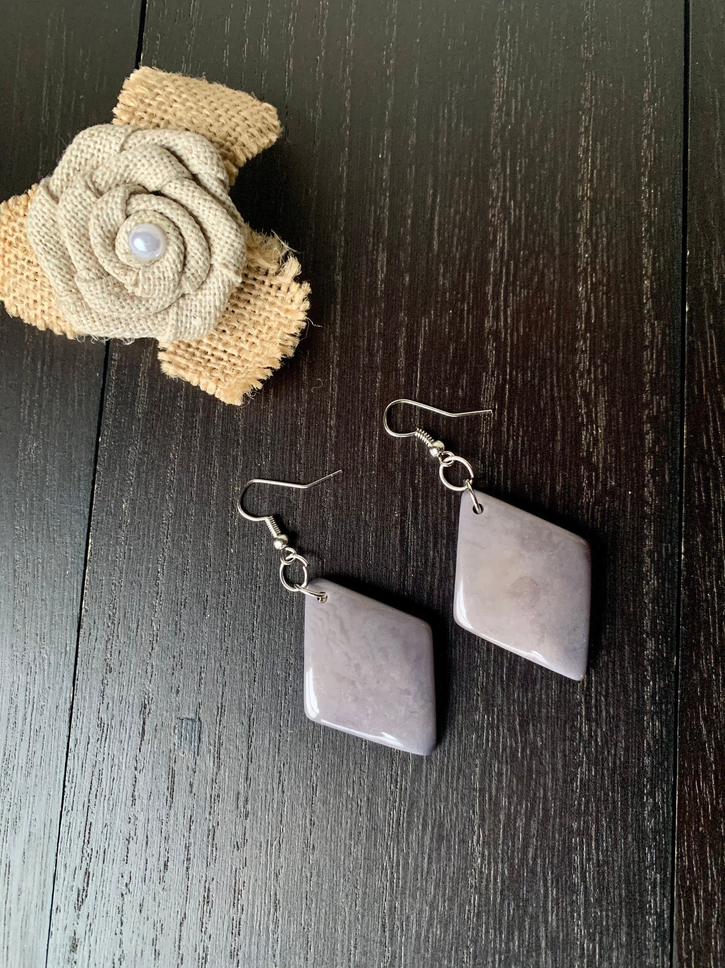 Gray Tagua earrings Geometric drops Lightweight earrings Long beaded dangles Gifts under 15 Custom jewelry resort wear Fall fashion trend