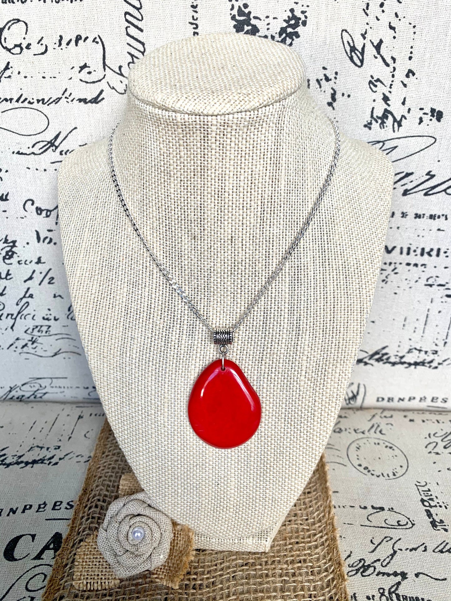 Red Tagua pendant Christmas gifts under 10 Fashion jewelry Handmade beaded pendant NO chain Spring fashion trends Beach trendy style