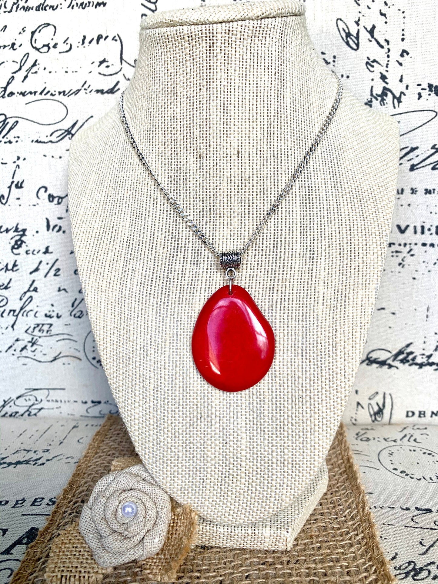 Red Tagua pendant Christmas gifts under 10 Fashion jewelry Handmade beaded pendant NO chain Spring fashion trends Beach trendy style
