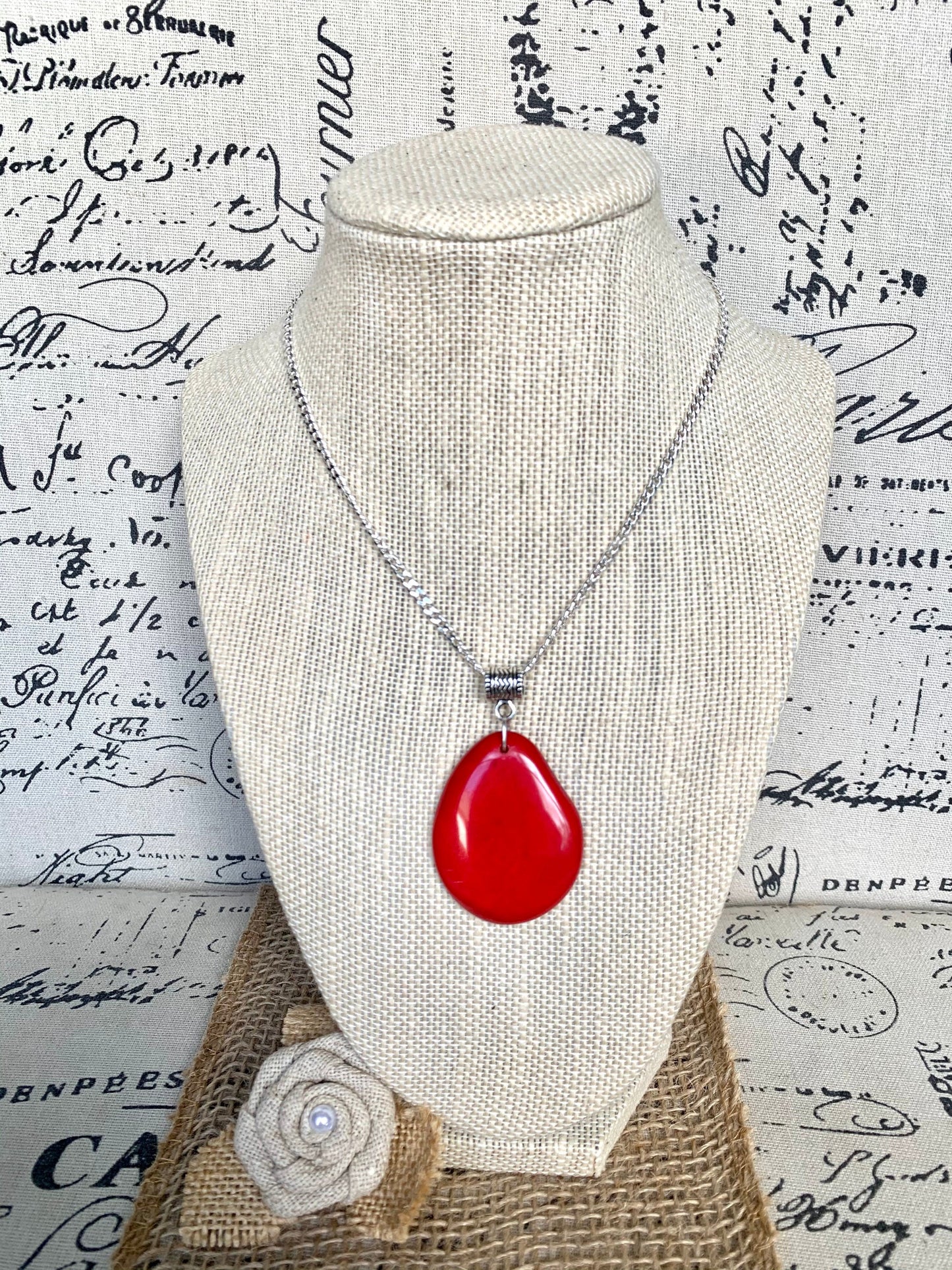 Red Tagua pendant Christmas gifts under 10 Fashion jewelry Handmade beaded pendant NO chain Spring fashion trends Beach trendy style