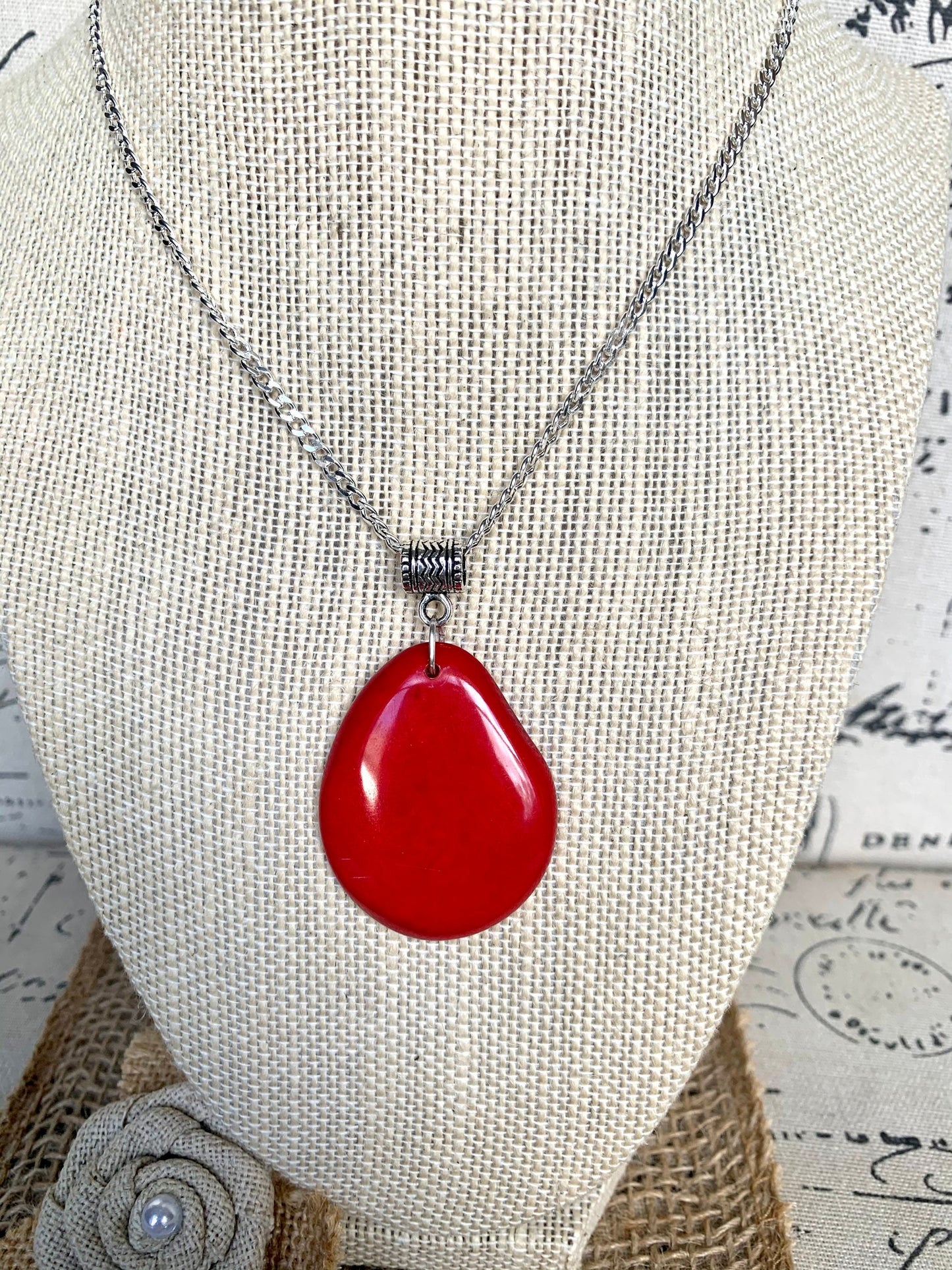 Red Tagua pendant Christmas gifts under 10 Fashion jewelry Handmade beaded pendant NO chain Spring fashion trends Beach trendy style