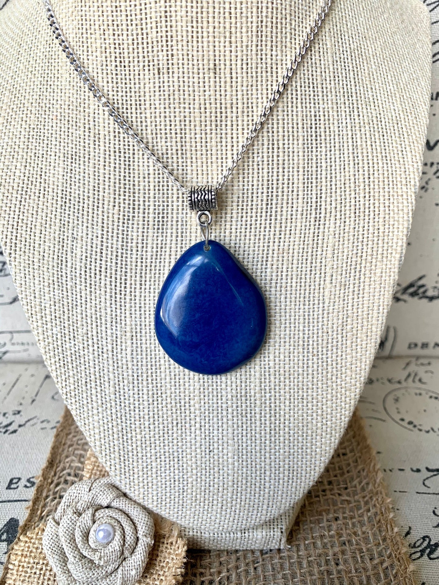 Royal blue Tagua pendant Fashion jewelry Easter basket gift ideas Handmade beaded pendant NO chain Artisan handmade in Ecuador For Spring