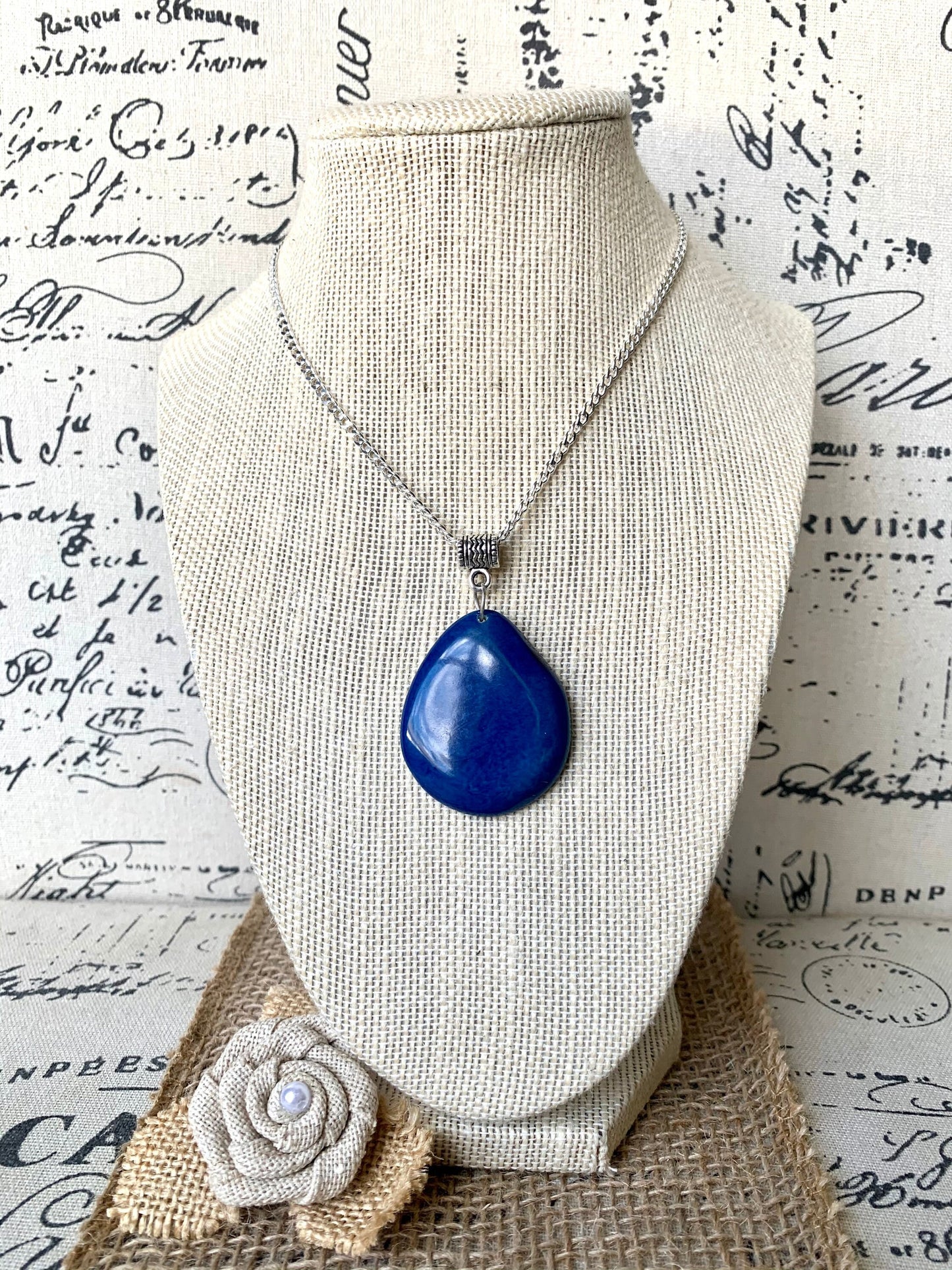 Royal blue Tagua pendant Fashion jewelry Easter basket gift ideas Handmade beaded pendant NO chain Artisan handmade in Ecuador For Spring