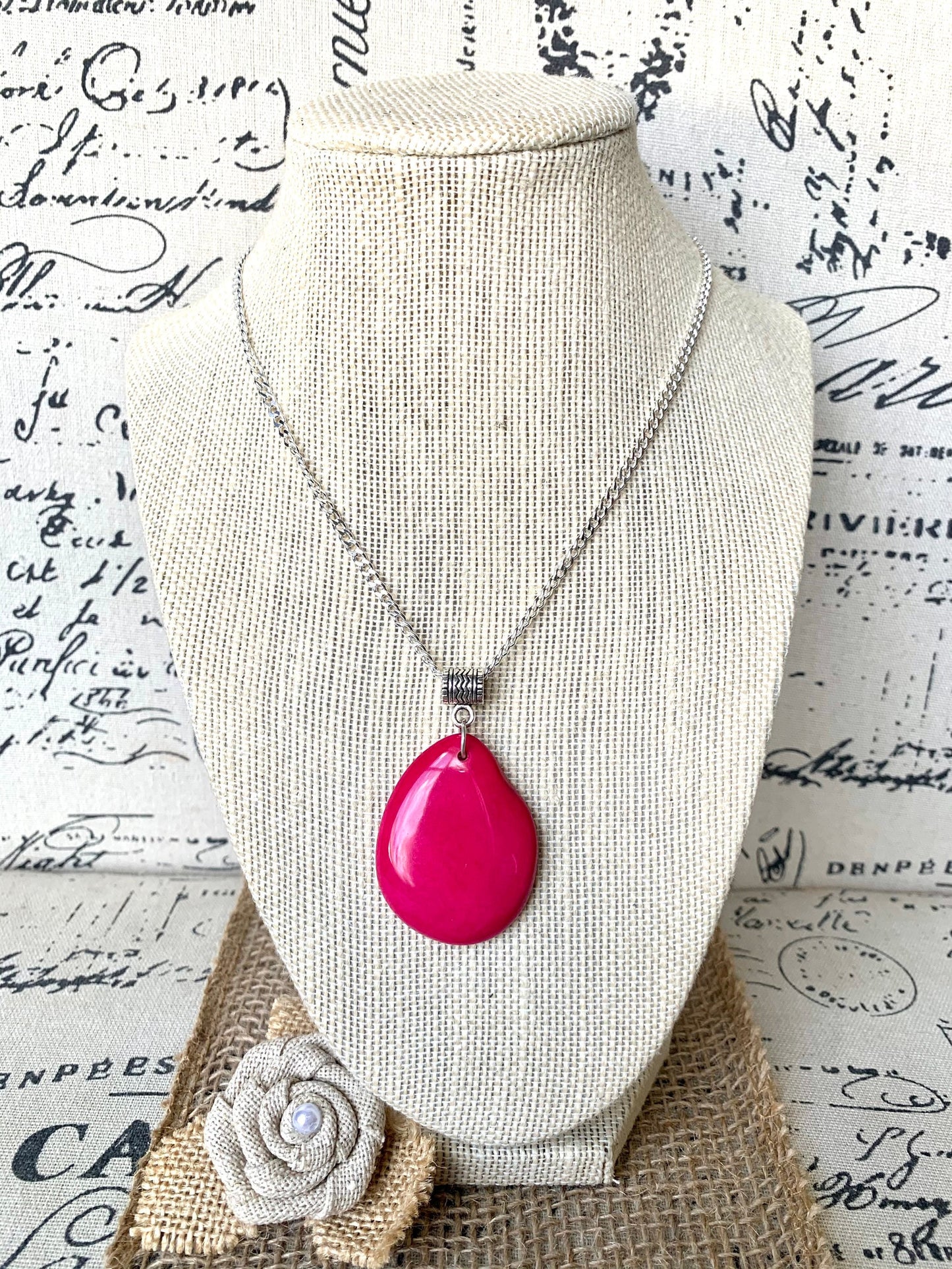 Hot Pink Tagua pendant Mother's day gifts under 10 Fashion jewelry Handmade beaded pendant NO chain Artisan handmade in Ecuador Spring style