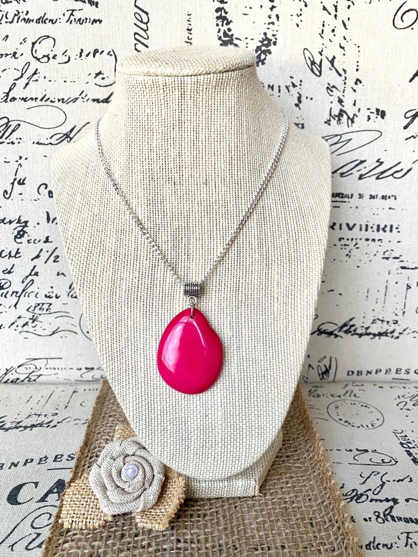 Hot Pink Tagua pendant Mother's day gifts under 10 Fashion jewelry Handmade beaded pendant NO chain Artisan handmade in Ecuador Spring style