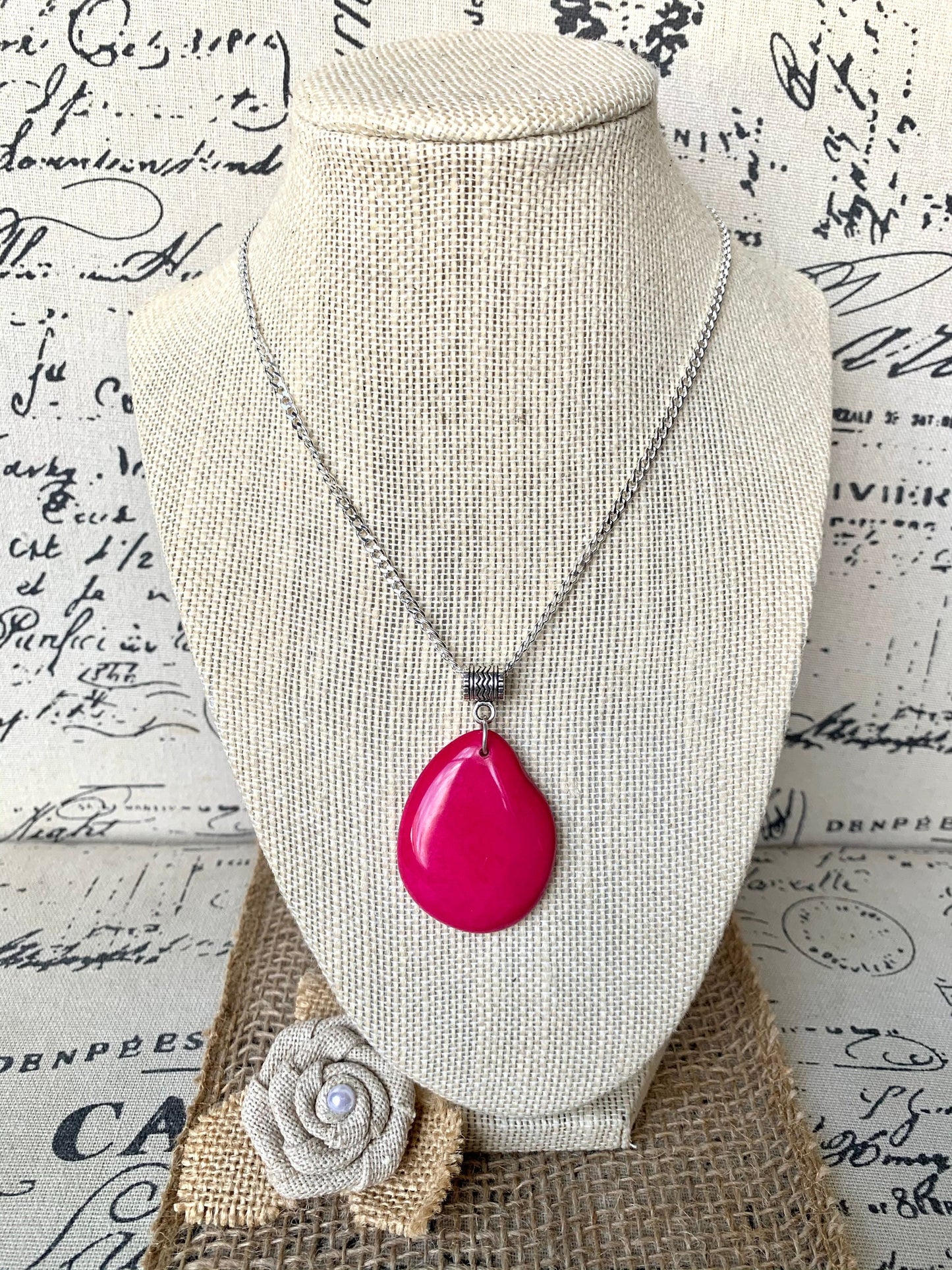 Hot Pink Tagua pendant Mother's day gifts under 10 Fashion jewelry Handmade beaded pendant NO chain Artisan handmade in Ecuador Spring style