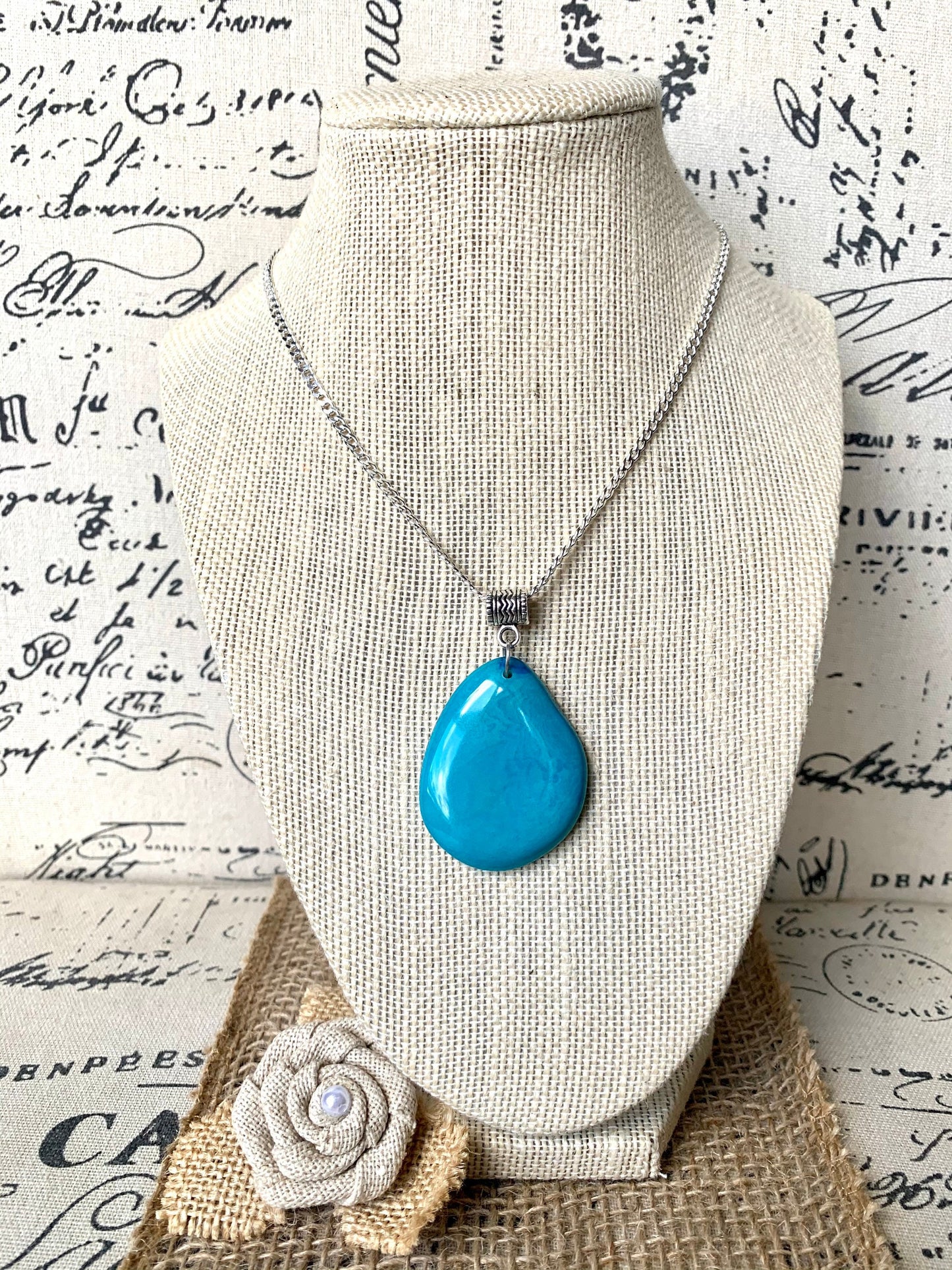 Turquoise blue Tagua pendant Mothers day gift under 10 Fashion jewelry Handmade beaded pendant NO chain Artisan handmade in Ecuador