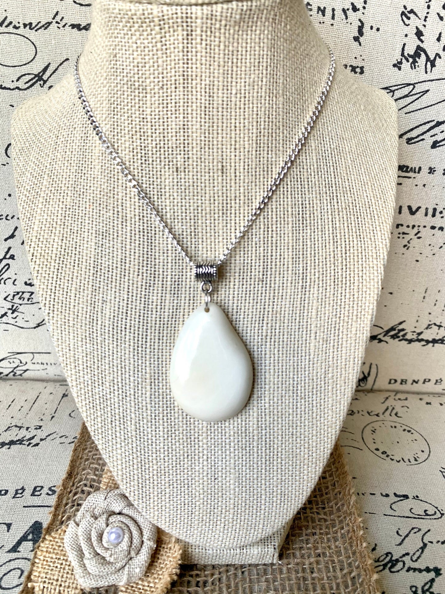 White Tagua pendant Mother’s Day gifts under 10 Fashion jewelry Beaded pendant NO chain 14 year Ivory wedding anniversary gift for wife