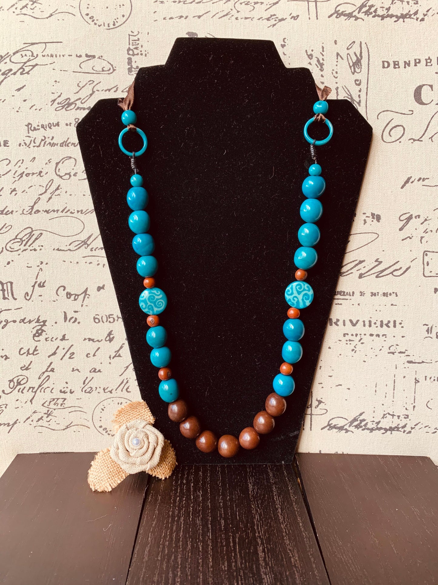 Turquoise blue and brown statement necklace with bubblegum beads Tagua necklace Big bold chunky necklace Spring fashion trends Mother's day